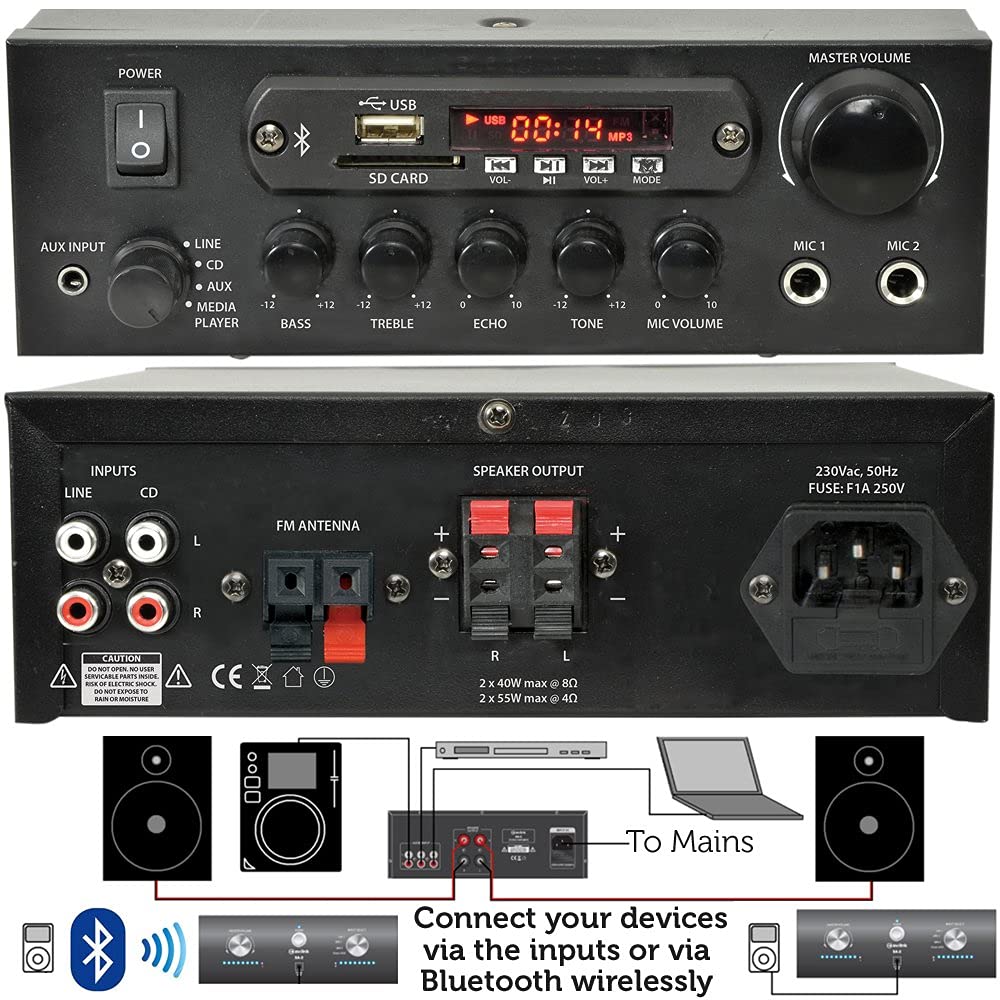 SMART HOME 4-strefowy zestaw BLUETOOTH – 8 x 180 W 10 cm czarny głośnik do montażu na ścianie, wzmacniacz stereo 110 W, kabel rozdzielacz głośników *ECHO ALEXA SPOTIFY* bezprzewodowy system wzmacniacza dźwięku HiFi - bar pub Home Surround