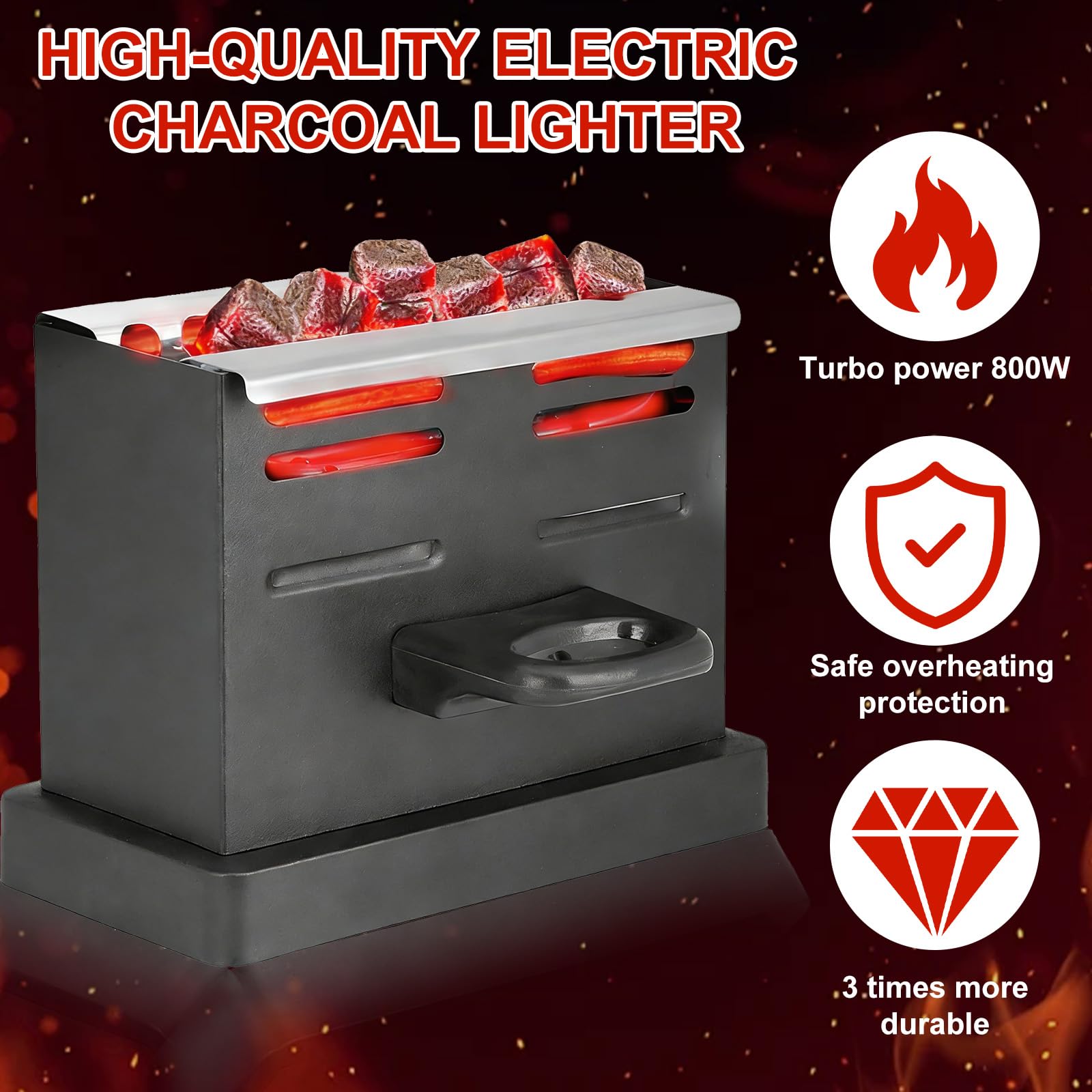 Kohleanzünder Elektrischer, 800W Holzkohle Elektrischer Kohlegrill Anzünder mit Zange, Kleiner Grillanzünder mit Kabel & Griff, Kohlegrill Zubehör für Outdoor Herd Grill