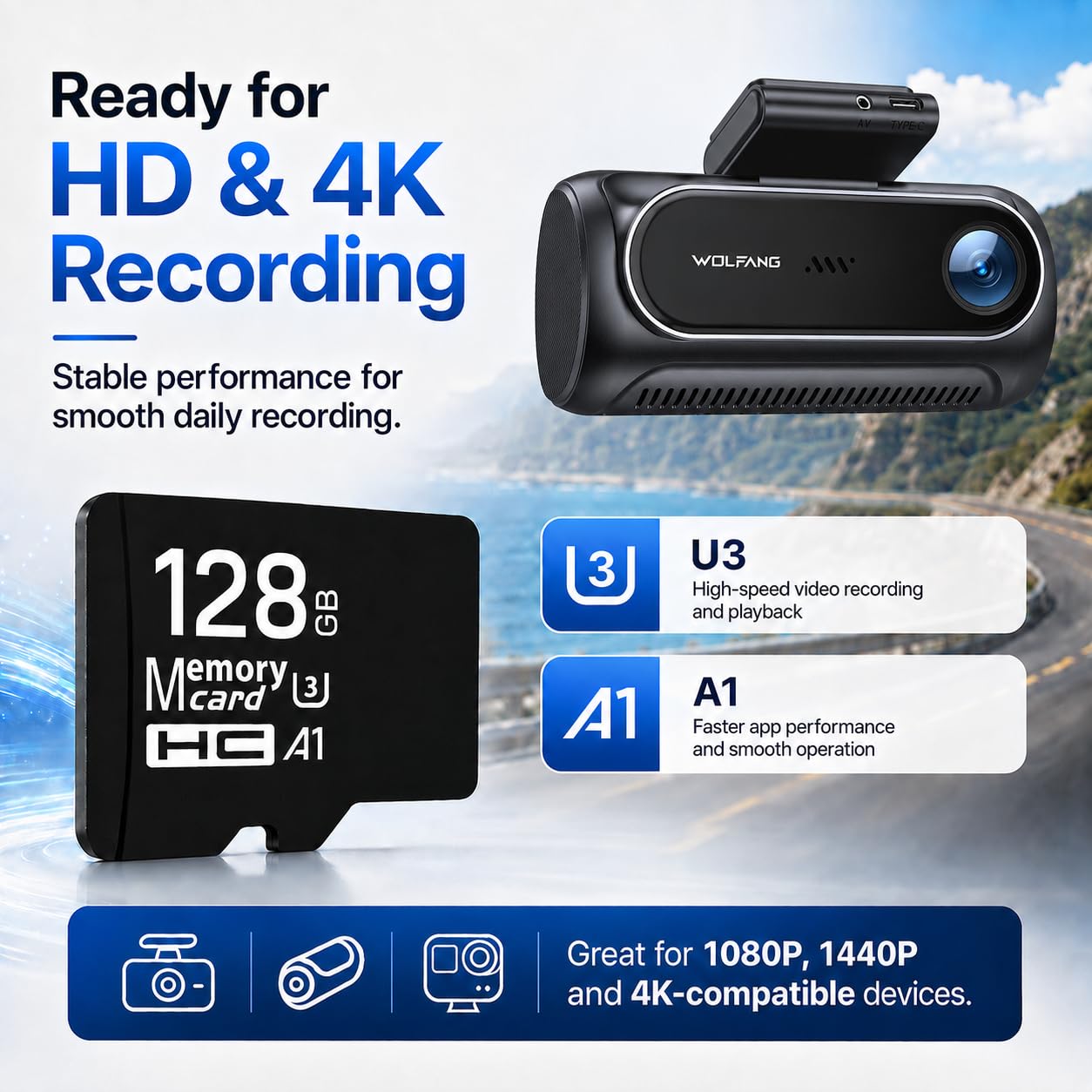 WOLFANG Tarjeta de Memoria Micro de 128 GB, Clase 10, Tarjeta TF de Alta Velocidad para cámaras Digitales, teléfonos móviles, cámara de Vida Silvestre, cámara de salpicadero, Reproductores de MP3