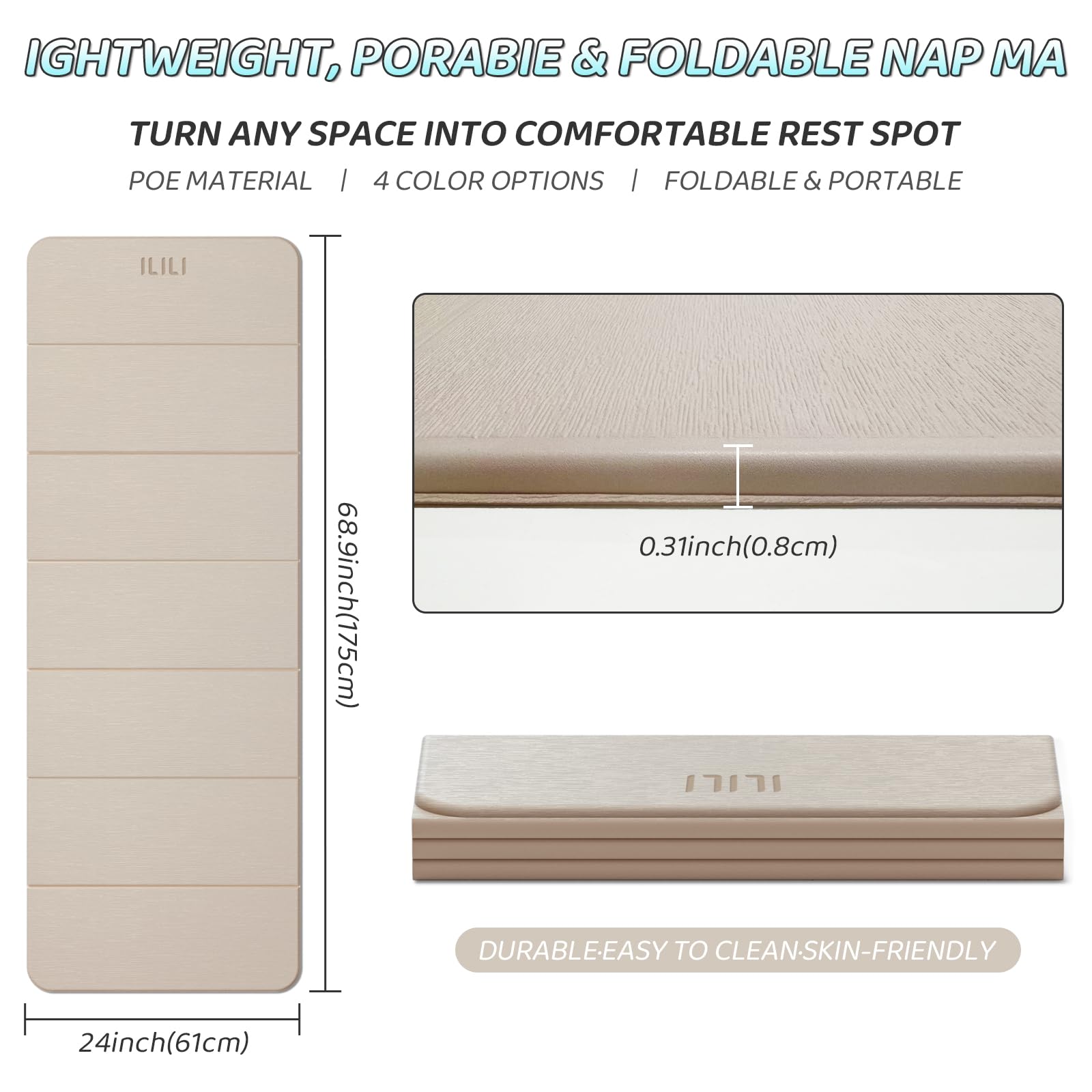 ILILI Tapete de yoga plegable de 71 x 24 x 0.3 pulgadas, tapete antideslizante de TPE para el hogar, impermeable y ligero (2 libras) para gimnasio en casa, pilates y estiramiento, entrenamientos de