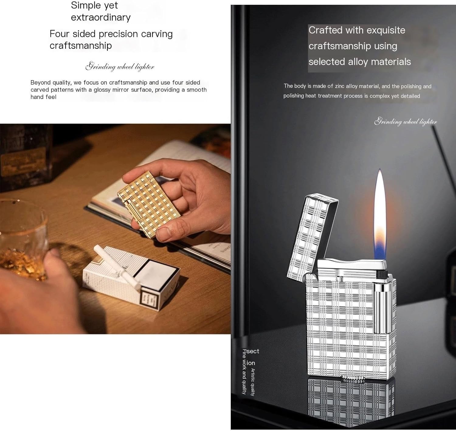 TARVIT Soft Flame Lighters Mini Refillable Butane Lighter with Adjustable Flame Dial/Vertical Ignition Roller ，Gift for Outdoor Cigarette/Cigar/Candle Box Packaging 【No Gas】 (Color : Gold Plaid)