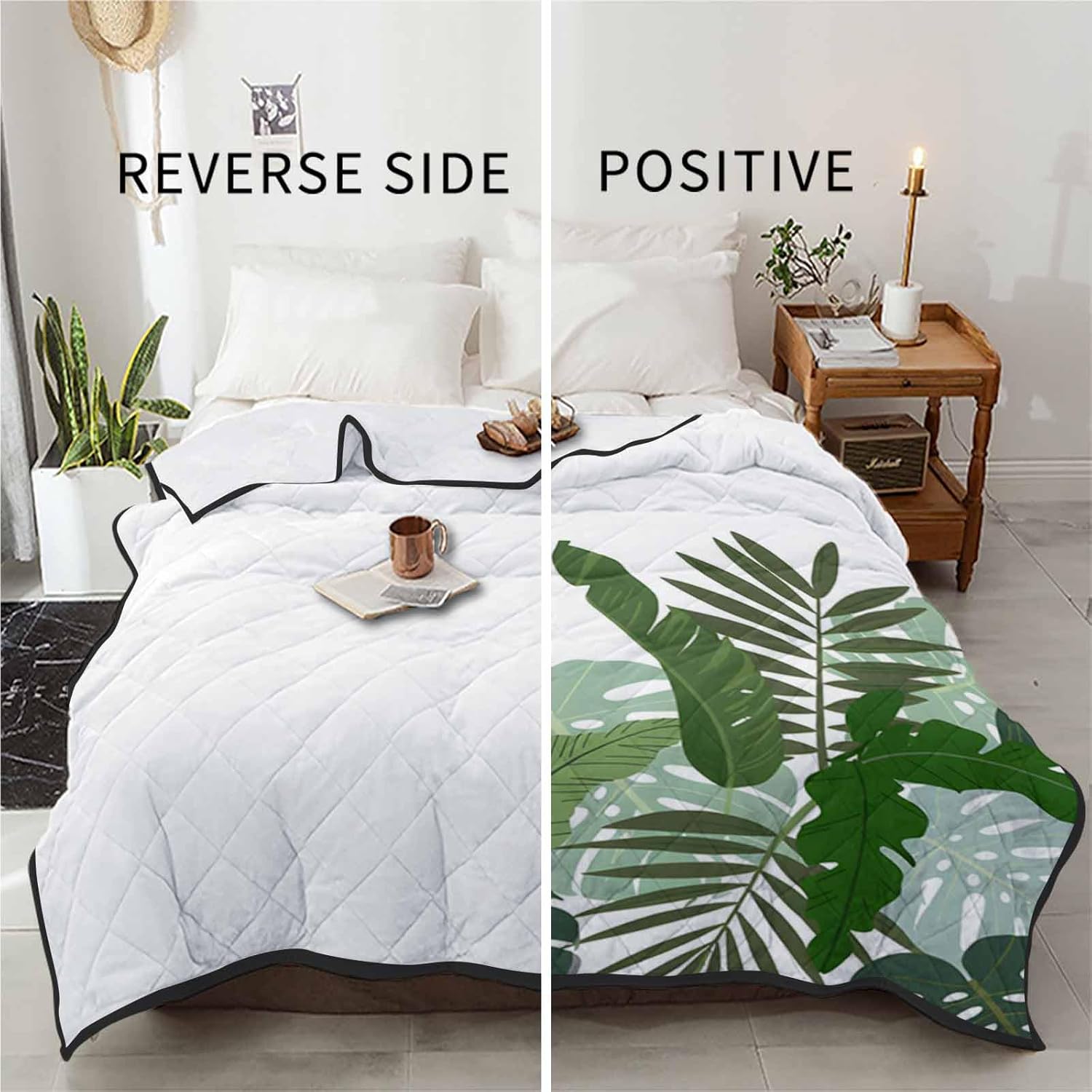 T&H XHome Quilt California King Luxury Quilted Comforter Bedspread-Thin Soft Cozy, Tropical Plants Tortoise Leaves Palm Tree Green Reversible Stitched Summer Lightweight Quilt Coverlet for All Season