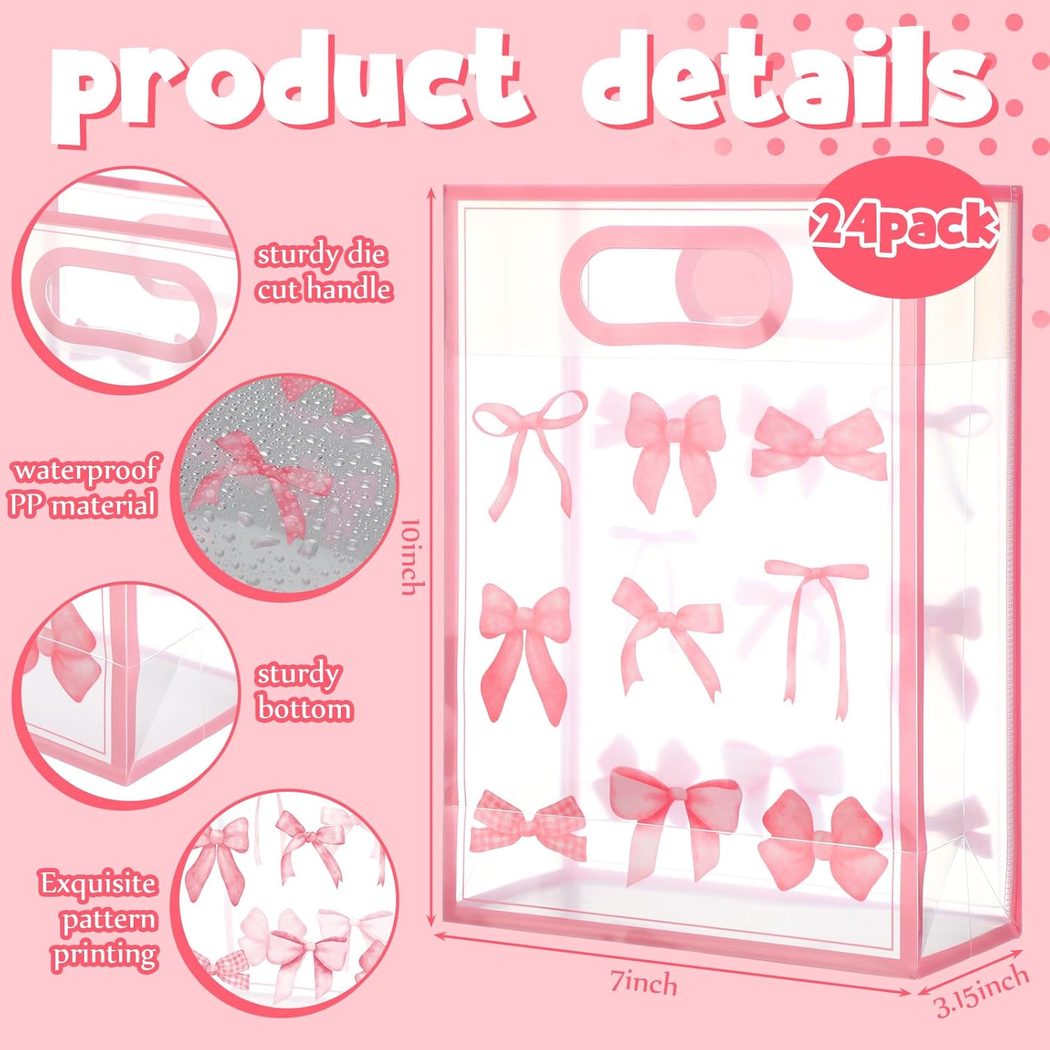 Geyoga 24 Pcs Pink Bow Clear Goodie Bags with Handles Ribbon 7x10x3.15 Inch Coquette Transparent Reusable PVC Gift Treat Bag with Ribbon for Women Wedding Birthday Baby Shower Bridal Shower