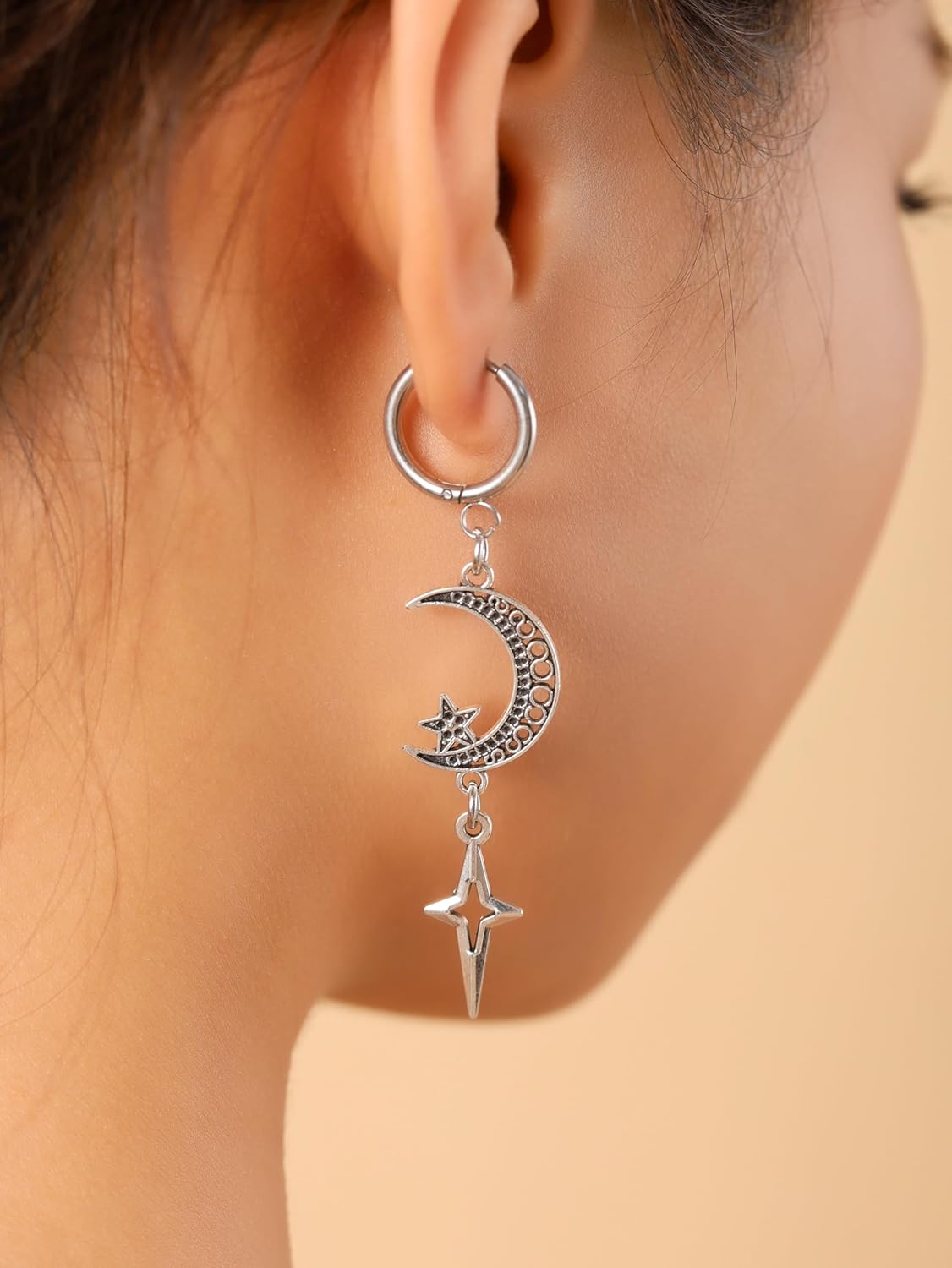 Sacina Goth Silver-tone Crescent Moon Star Hoop Earrings, Gothic Emo Punk Grunge Y2k Aesthetic Earrings, Goth Jewelry, Christmas Jewelry Gift for Women - Image 2