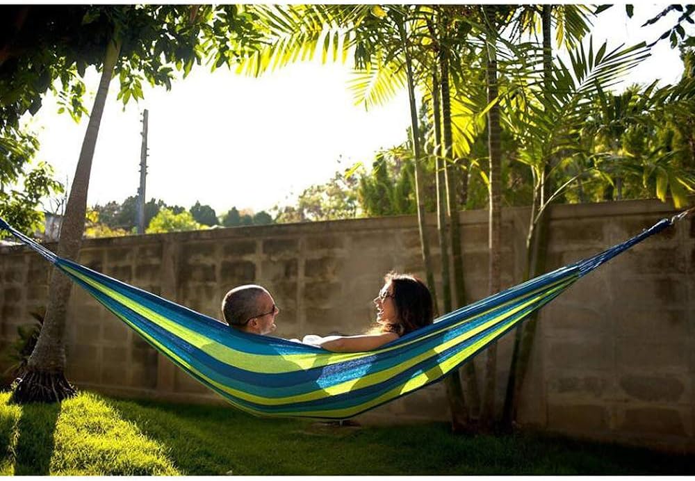 Camping Hammock,Portable Garden Hammock,Extra Long and Wide Brazilian Hammock Canvas Cotton Hammock with Carrying Bag for Patio Yard & Backyard &Porch & Outdoor/Indoor (Blue & Green Strip)
