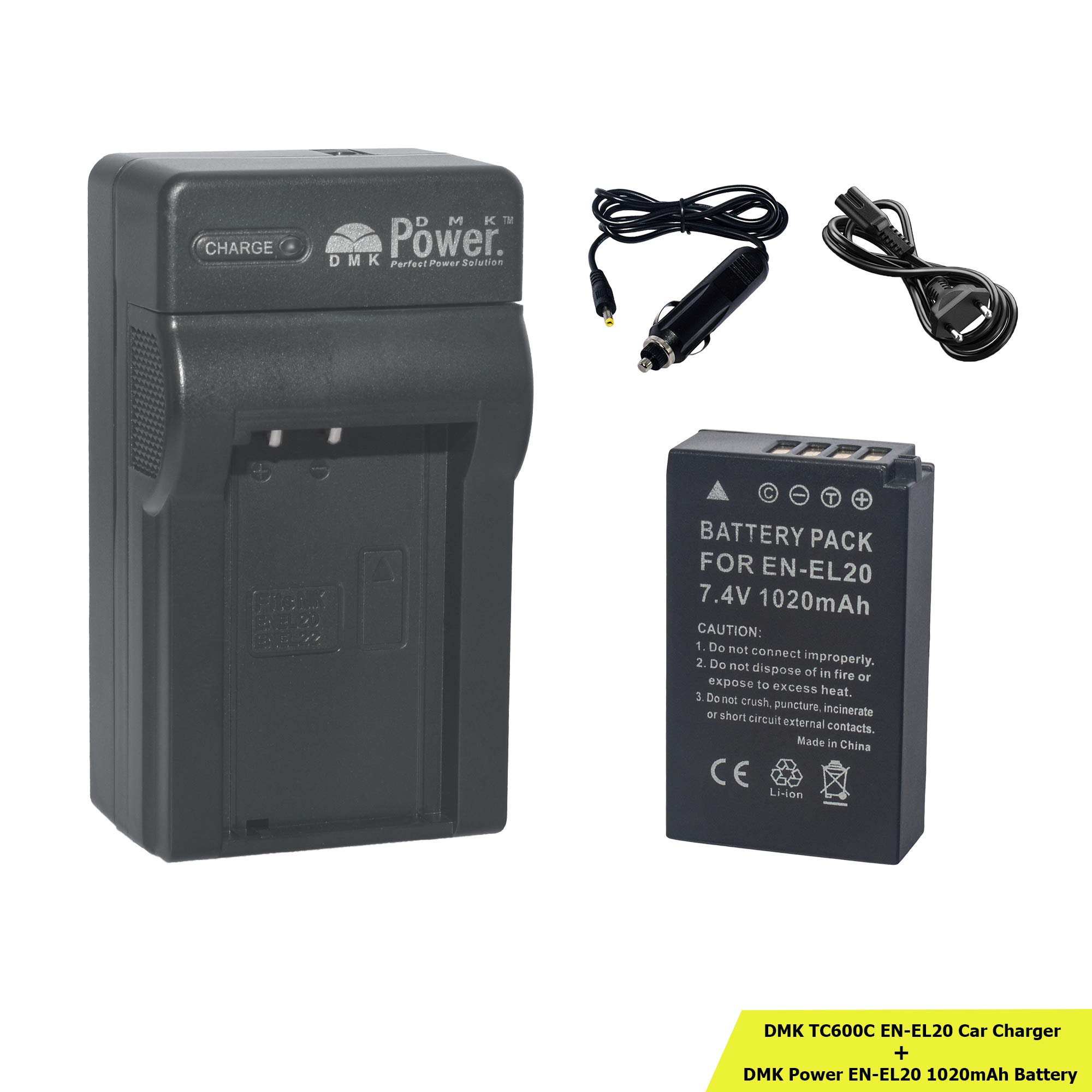 DMK Power EN-EL20, EN-EL20a Battery and TC600C Battery Charger Compatible with Nikon Coolpix P1000, DL24-500, Coolpix A, 1 AW1, 1 J1, 1 J2, 1 J3, 1 S1, 1 V3 Digital Camera