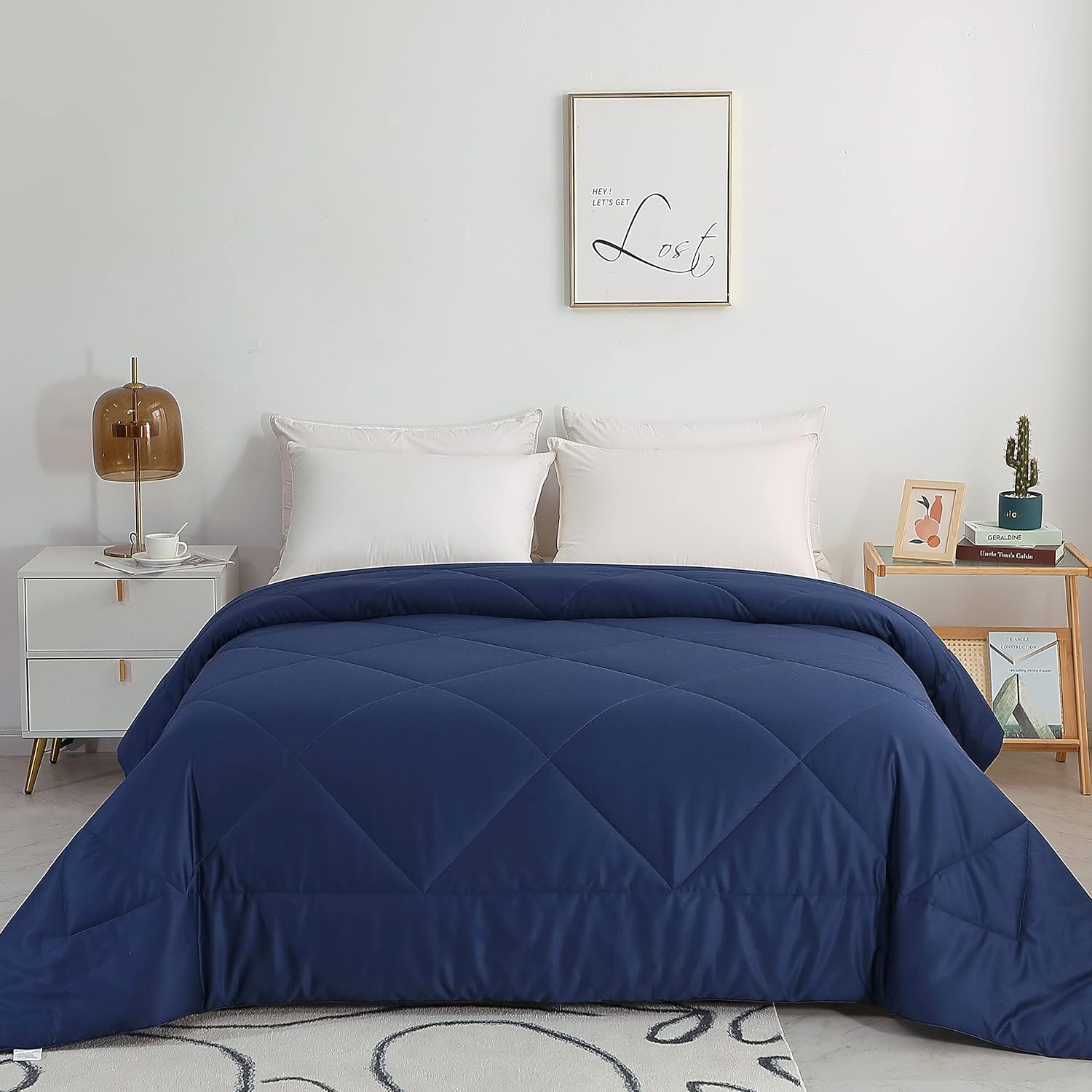 2025 Premium Upgraded Non-Vacuum Bed Quilt All Seasons 100% Cotton Filled Comforter - Reversible Lightweight Soft Breathable Fluffy (Navy Blue Full/Queen)