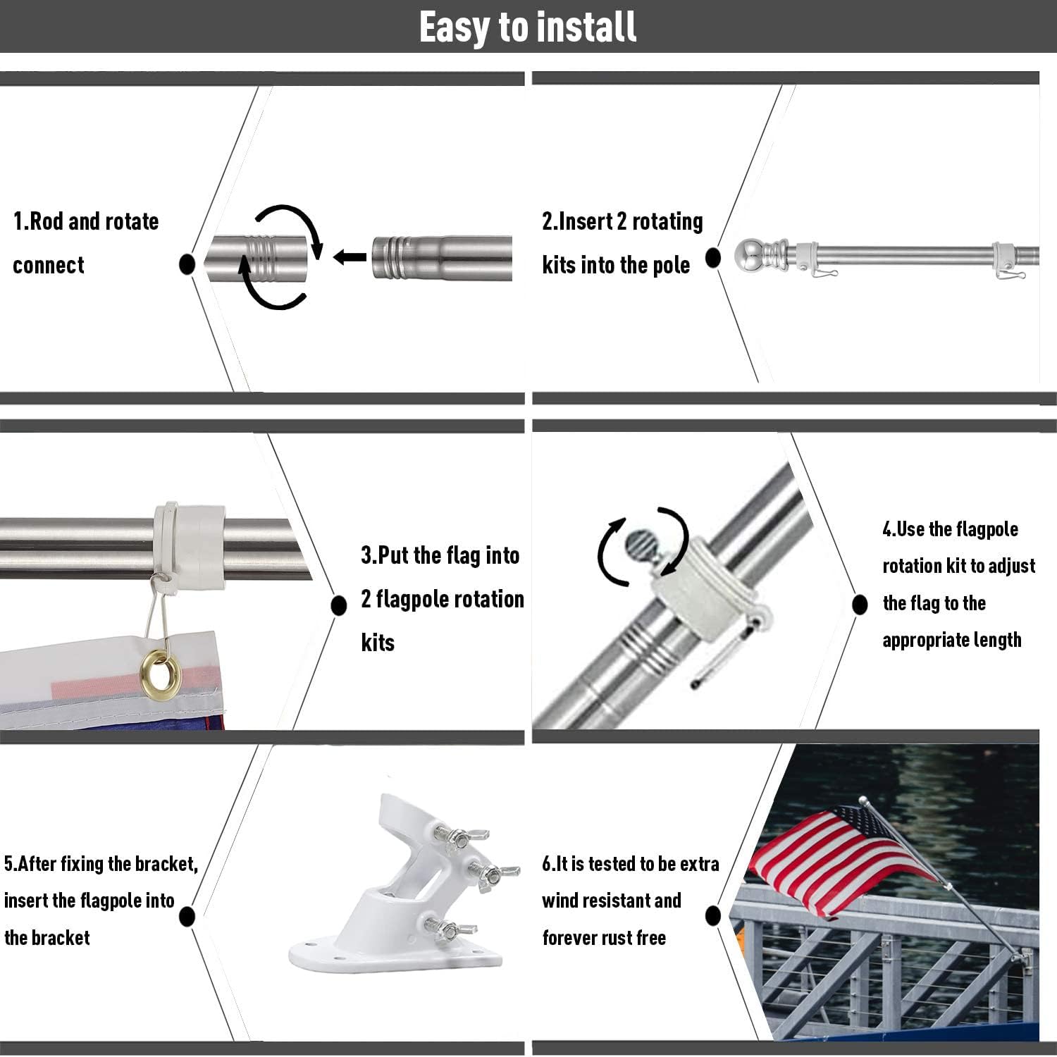 TALITARE Flag Pole with Bracket,5FT Flagpole Kit American Flag with Pole Holder Mounting Bracket Stainless Steel Heavy Duty for Garden Yard Truck Boat Rustproof(Flag Pole with White Bracket, 5FT)