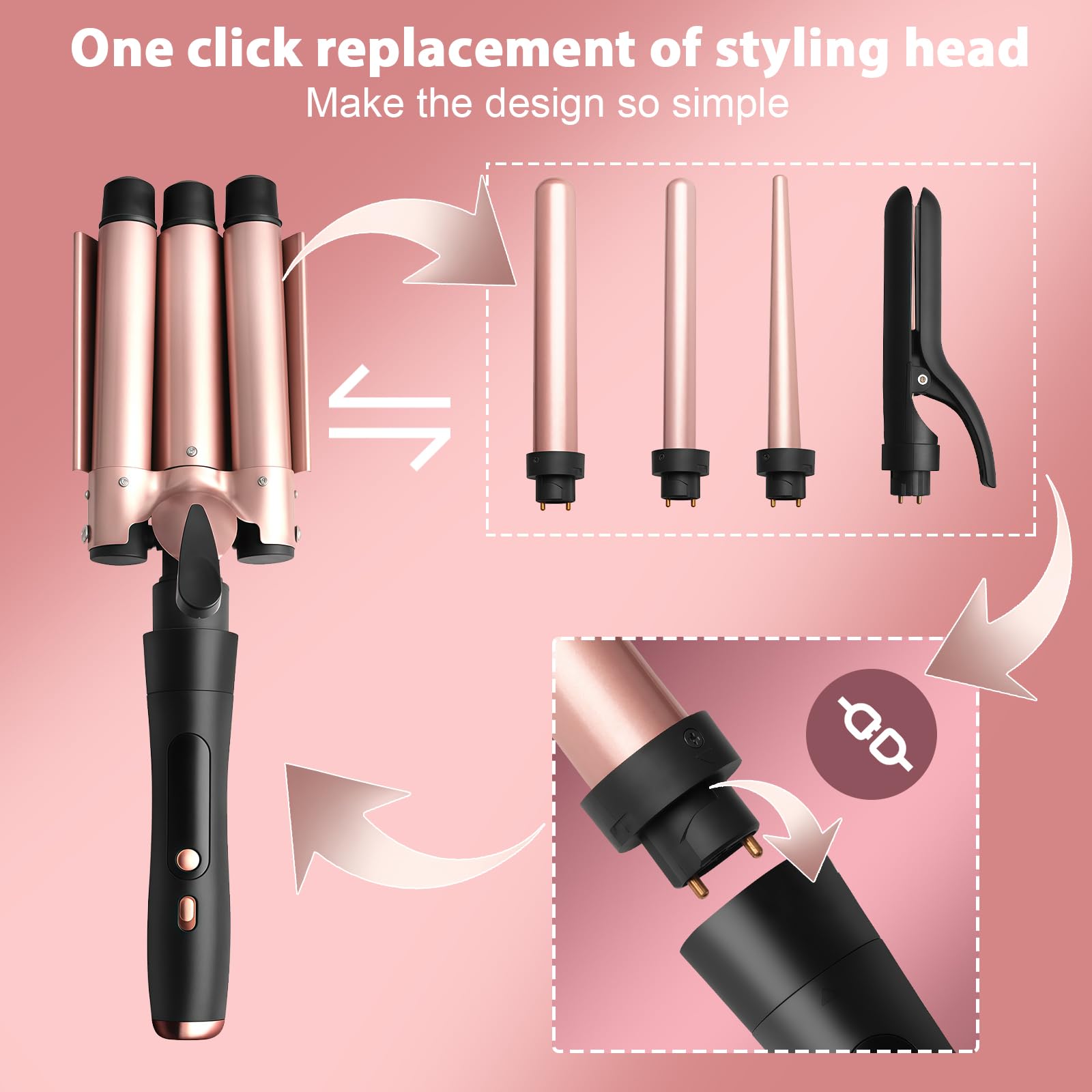 Juego de planchas de ondas (5 en 1, incluye Crimper Waver y 4 barriles de cerámica para crear olas grandes, calentamiento rápido de pelo