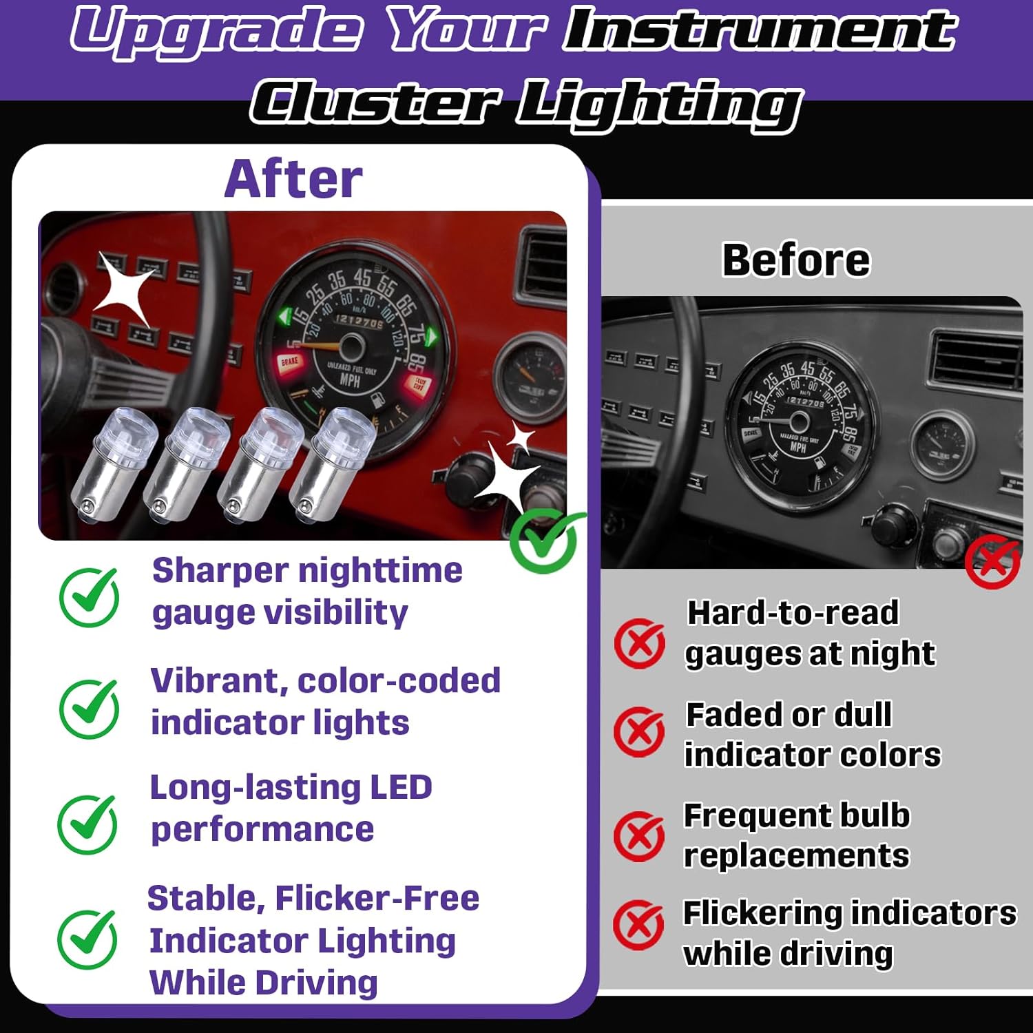8-Pack Speedometer Cluster LED Bulb Replacement Kit for Jeep CJ5 CJ7 CJ8 Scrambler, BA9S Miniature Bayonet Base, 4 White / 2 Green / 2 Red Instrument Cluster LEDs, Enhances Dashboard Clarity