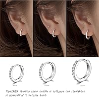 Vista 3 de Aretes pequeños en forma de círculo de plata de ley 925 con circonia cúbica, 3 pares de aros chapados en oro blanco de 14 quilates para piercing