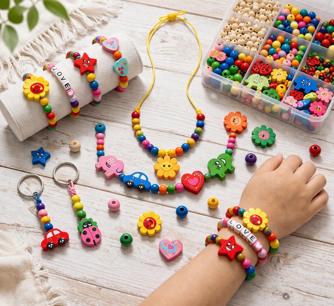 Set fai da te per bambini, in perle di legno, in scatola, 1000 pezzi, mix colorato naturale, set di perline in legno colorato