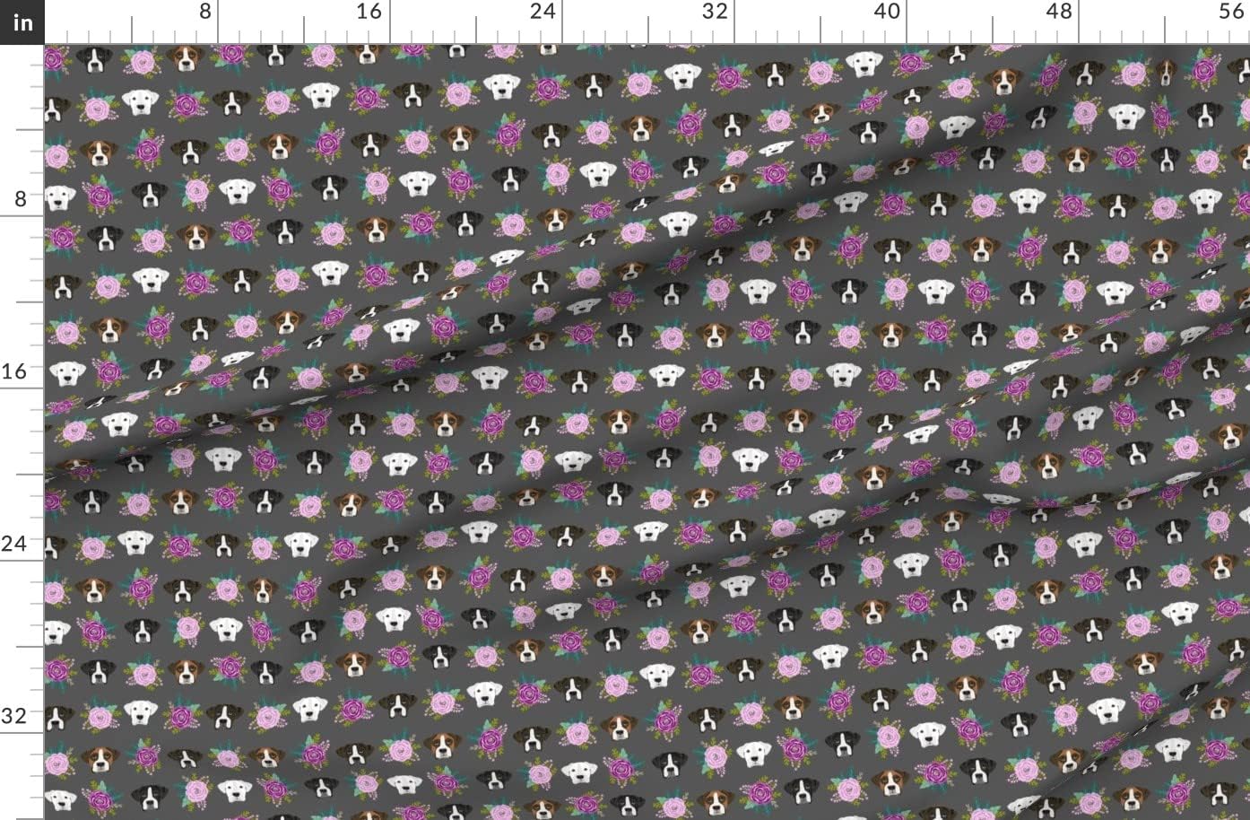 Spoonflower Fabric - Boxer Dog Dogs Heads Charcoal Flowers Head Florals Pet Portrait Printed on Organic Cotton Sateen Fabric by The Yard - Sewing Quilting Apparel Home Decor