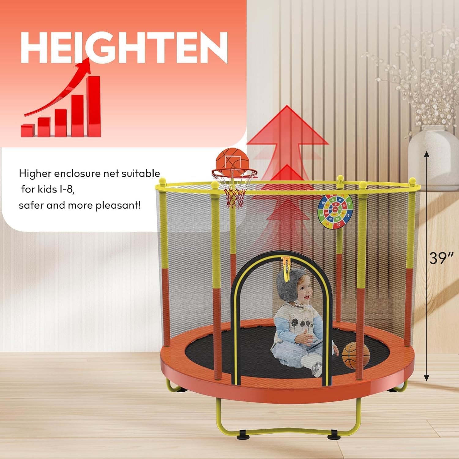 72" Trampoline for Kids with Net,6 FT Indoor & Outdoor Small Toddler Trampoline with Basketball Hoop & Dart Board for Ages 1-8, Birthday Gifts for Boys & Girls, Baby Toddler Christmas Toys - Image 3