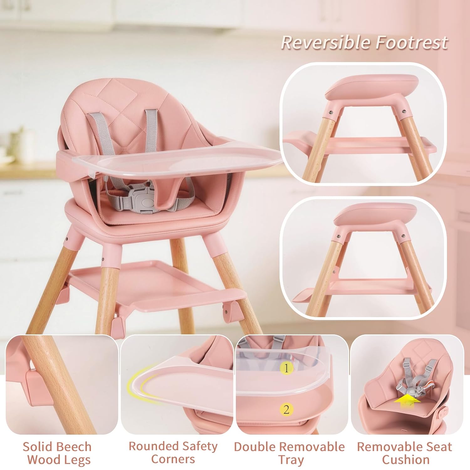 6 in1 Baby High Chair, Convertible Wooden HighChairs for Babies and Toddlers with 5-Point Safety Harness, Double Removable Tray &Waterproof PU Cushion, Reversible Footrest(Pink)