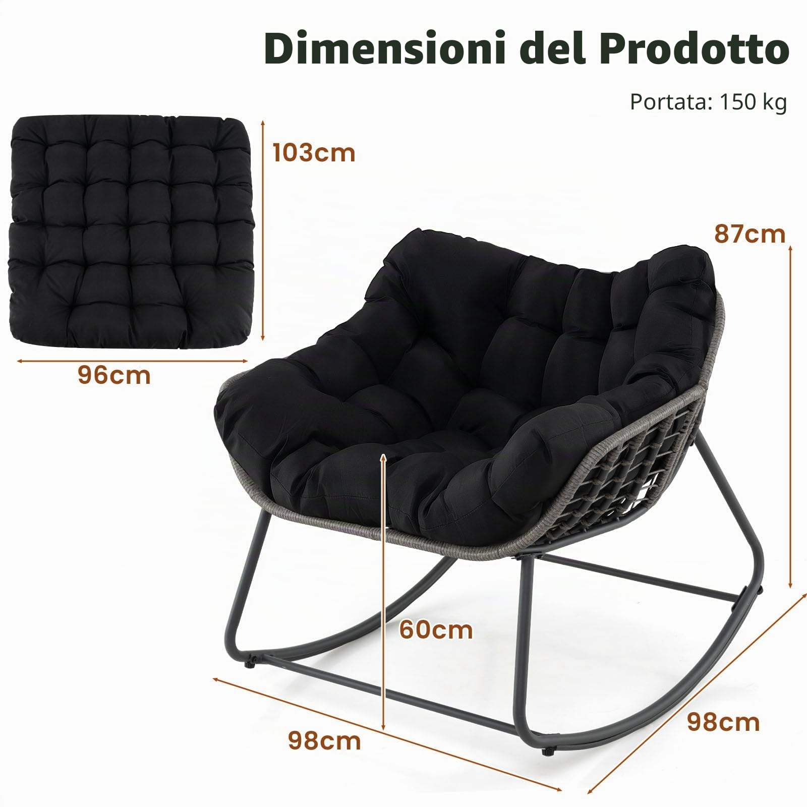 LIFEZEAL Sedia a dondolo da giardino, in rattan, per esterni, con cuscino imbottito, per balcone, veranda, soggiorno e terrazza (nero)