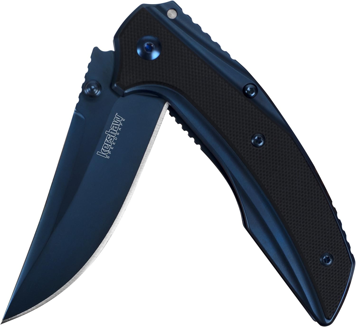 Kershaw Outlier, Tactical Karambit Style Folding Pocket Knife with Assisted Opening, Reverse Grip & Outright Pocketknife (8320); 3-inch Upswept 8Cr13MoV Steel Blade in Brilliant Blue; PVD