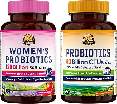 Vitalitown Probiotic Bundle Pack of 2 | Womens Probiotics 120 Billion Item 1 & Probiotics 60 Billion Item 2 | Shelf Stable | Digestive & Womens Health | 30 Servings Each