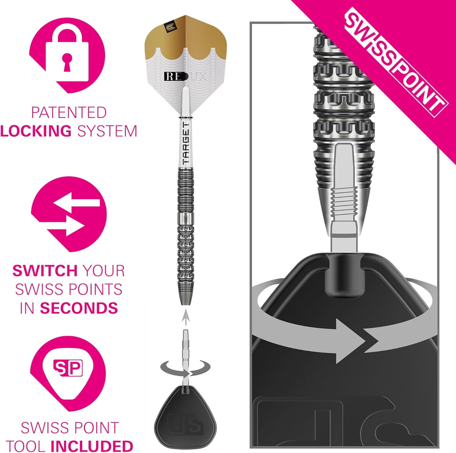 Target Darts Redux 90% Tungsten Swiss Point Steel Tip Dart Set (Barrel 01/02/03), 22G/23G/24G/25G/26G | Pro Ultra No.6 Flights & Pro Grip Tag Shafts, DX Points Gold & SP Tool Included