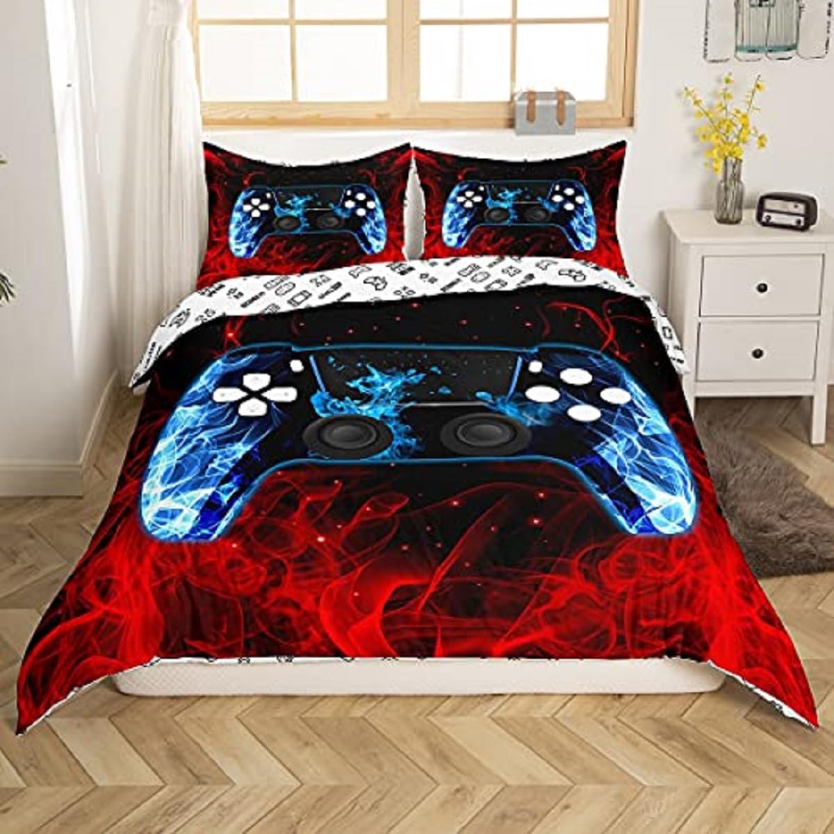 Zestaw poszewek na kołdrę 240 x 260 cm, zestaw do łóżeczka dla 2-osobowego kontrolera gier, niebieski, czerwony płomień, 3-częściowy zestaw pościeli z 2 poszewkami na poduszkę 50 x 75 cm, dziewczęca