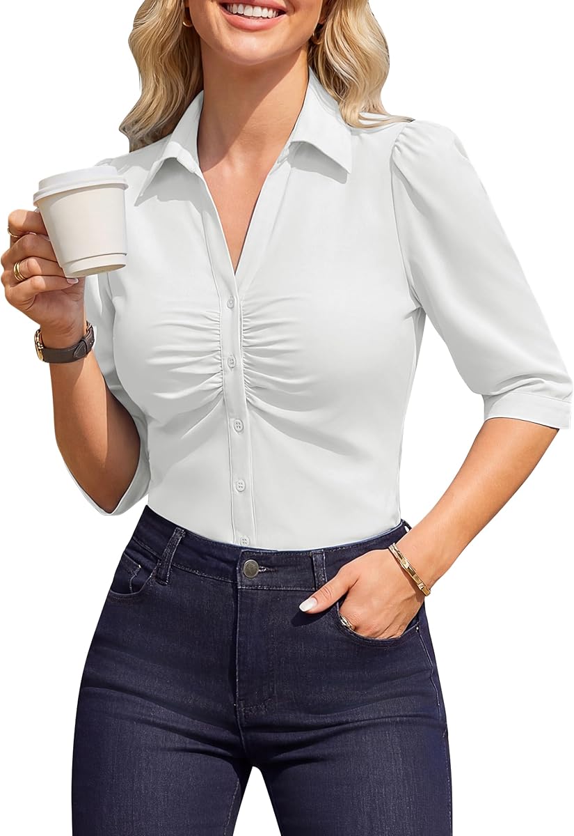 Women Button Down Shirts 3/4 Length Sleeve Blouses Business Dressy Casual Pleated Summer Tops Relax Fit