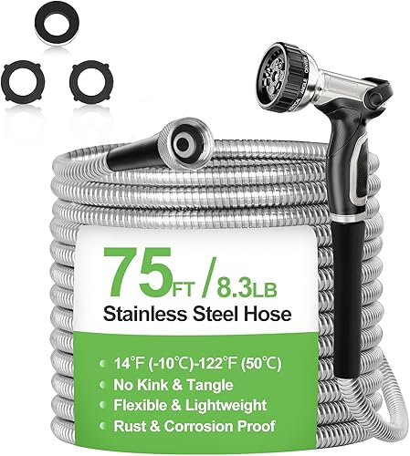 Manguera de jardín de metal de 75 pies, manguera de agua de acero inoxidable con boquillas de aluminio Upgrage, flexible, resistente, ligera, sin