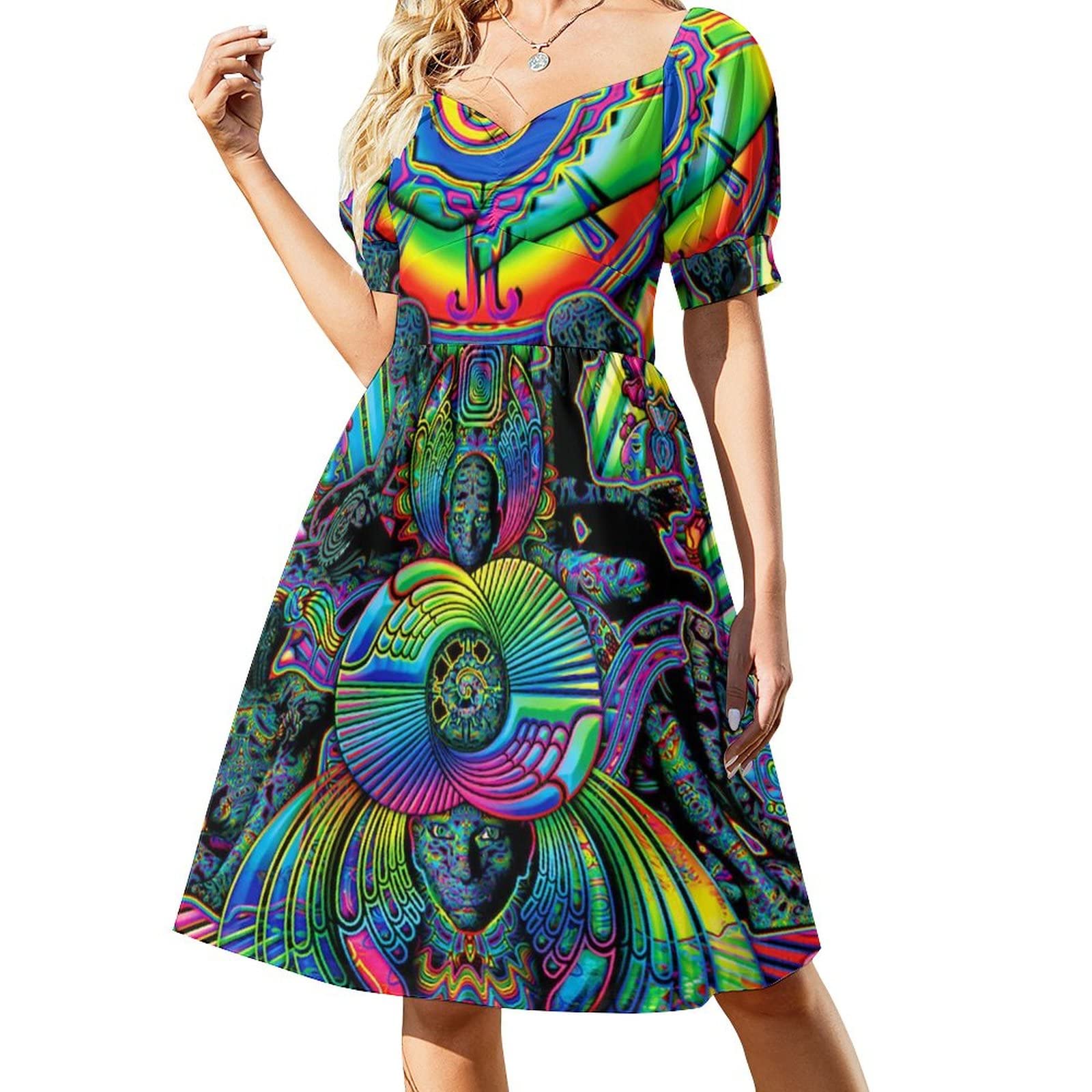 DAPERCISynesthesia Women's V-Neck Printed Short Sleeve Dress High Waist Smocked Ruffle Sun Dress