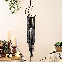Vista 16 de ANROYE Colgante de pared tejido de macramé bohemio, crochet, luna creciente, estrella, atrapasueños con borla larga, algodón negro, hecho a mano