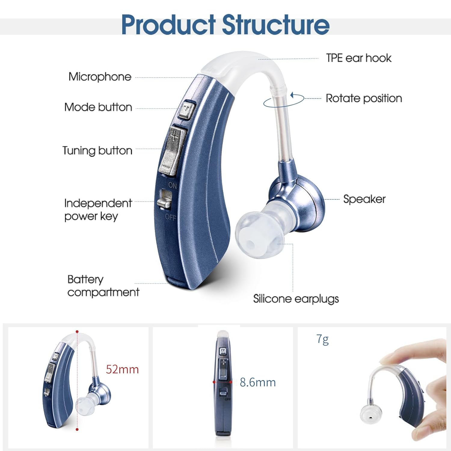 Digital Hearing Amplifier by Britzgo BHA-220. 500hr Battery Life, Modern Blue, Doctor and Audiologist Designed - Image 7