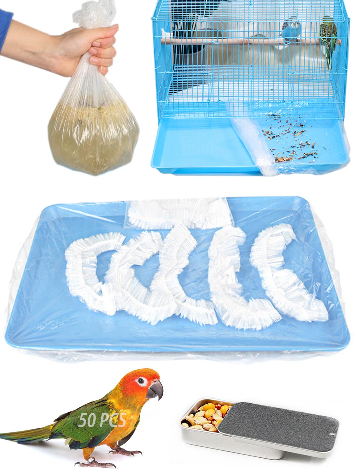 Niwaes 50 Pcs Large Disposable Bird Cage Liners，26'' X 18'' Plastic Parakeet Cage Liner Bag Birds Cage Tray Liners Universal Film Bird Cage Accessories for Finches Canaries Cockatiels Birdcage