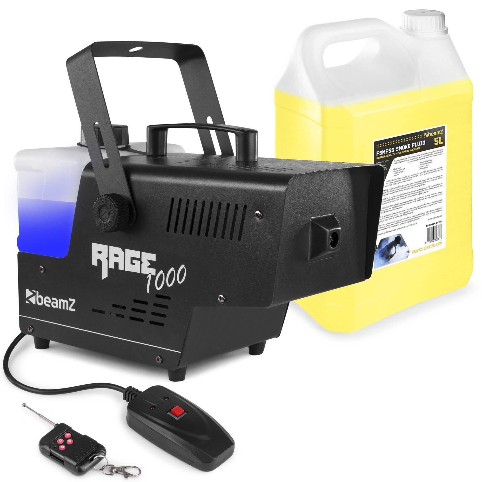 BeamZ RAGE1000 Nebelmaschine mit Flüssigkeit, 5 Liter Inkl., 1000 Watt Fogger, 2x Fernbedienung, Smoke Machine mit 2L Tank, Fog Machine für Party, Hochzeit, Events, Halloween