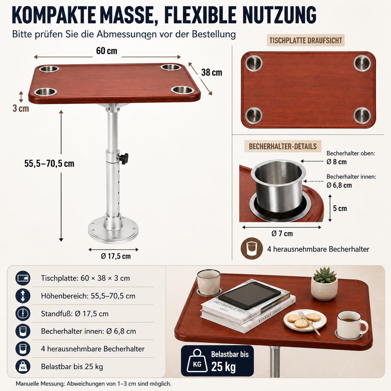 Wohnmobiltisch Teleskopisch Höhenverstellbar Abnehmbar, RV Tisch mit 4 Getränkehaltern, Eiche Tischplatte, Tisch für Caravan Wohnwagen Boot Yacht, 600x380mm Tischgestell