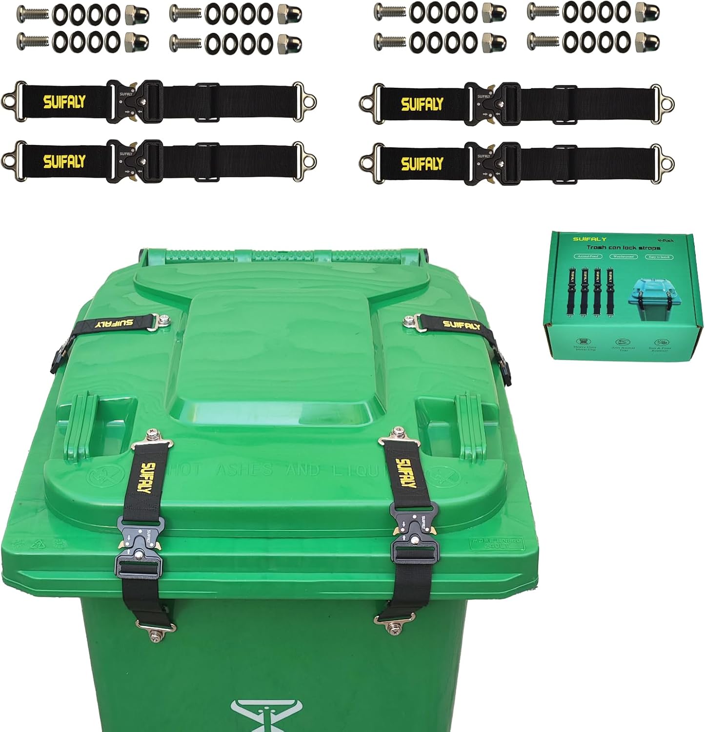 Bear Proof Trash Can Locks,Universal Animal-Proof Garbage Can Lid Straps Against Raccoons and Wildlife,Adjustable Heavy Duty Security Strap for 28-96 Gallon Outdoor Bins (4 PCS)