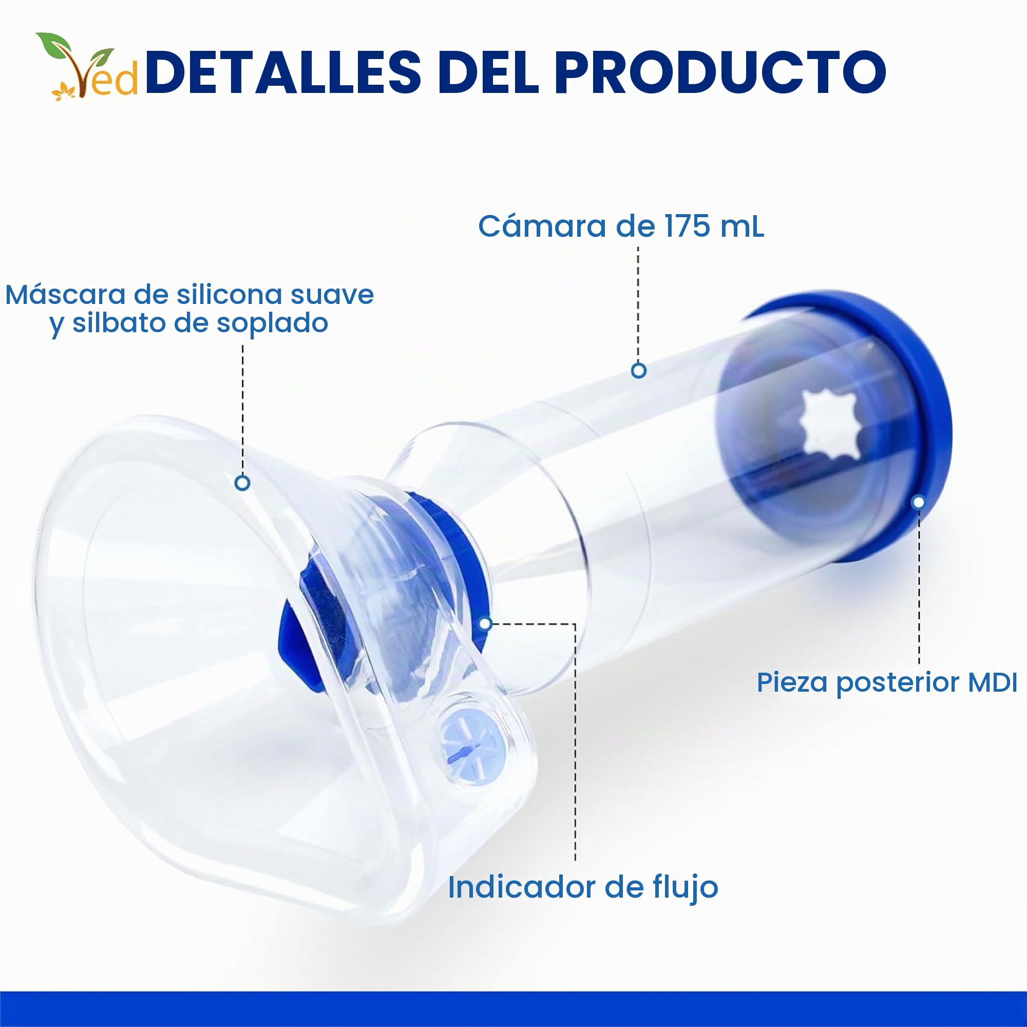 Dispositivo espaciador antiestático Inhaler Spacer, cámara de inhalador, uso con inhalador de dosis medida, sin BPA ni látex para adultos. (Azul) (OOS)