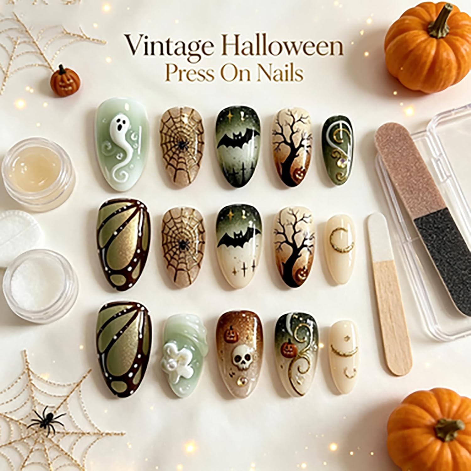 Halloween Press on Nails Medium Almond Green Brown Ghost Skull Fake Nails