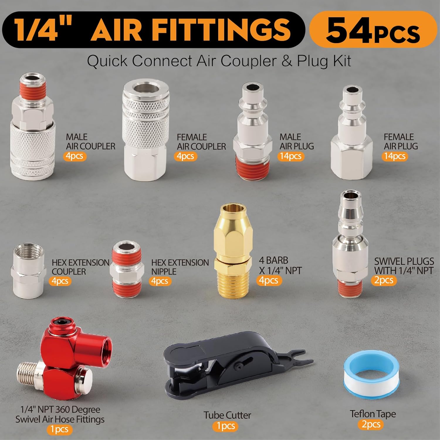54-Pcs 1/4 NPT Air Hose Fittings Kit, Quick Connect Air Fittings Set with Swivel Coupler, Push to Connect Pneumatic Fittings Assortment for Air Compressor, Air Line, Pneumatic Tools