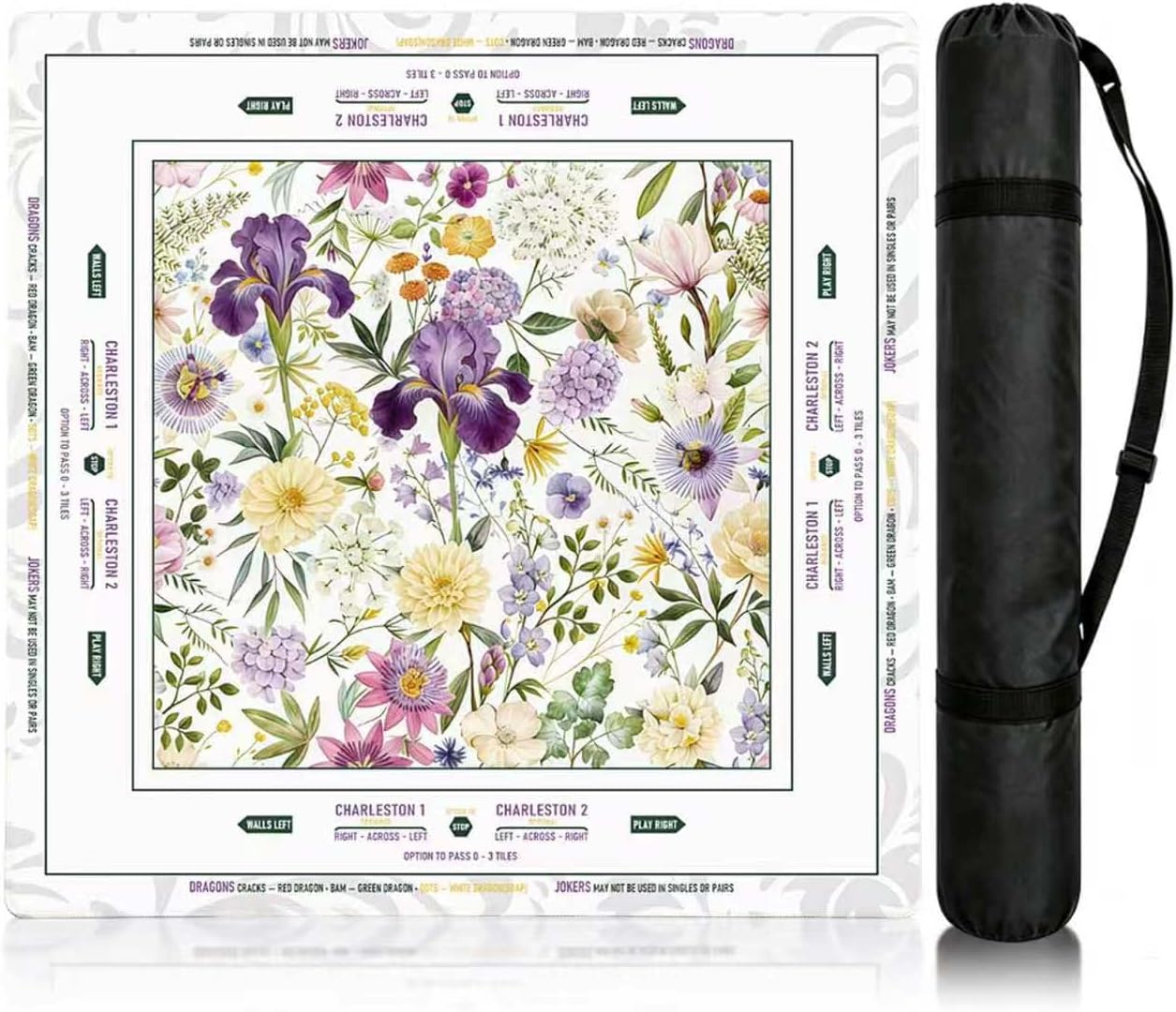 Mahjong Mat with Rules 33"x33",Waterproof American Mahjong Mat for Table | Non-Slip Noise Reduction Floral Table Mats with Carry Bag,for Poker,Board Game,Dominoes,and Card Games