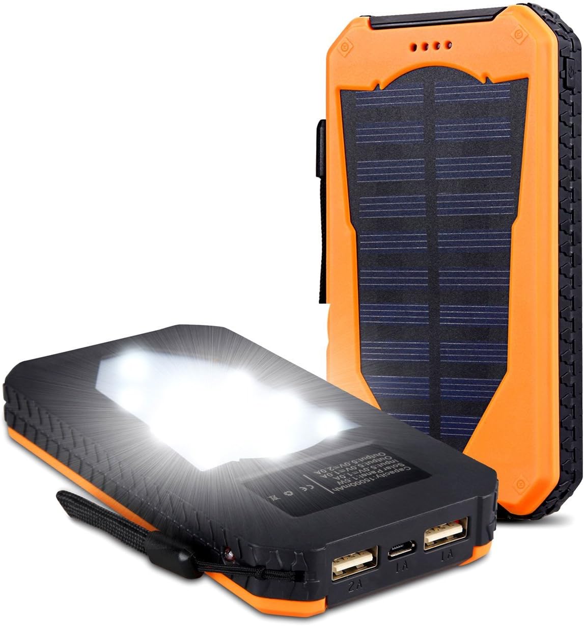 15000mAh High Capacity Solar Power Charger Solar Panel Backup Portable Power Bank Shockproof Dual USB Port External Battery Charger with LED Flashlight for Cell Phones iPhone 6 6s Plus Tablet Camera Orange