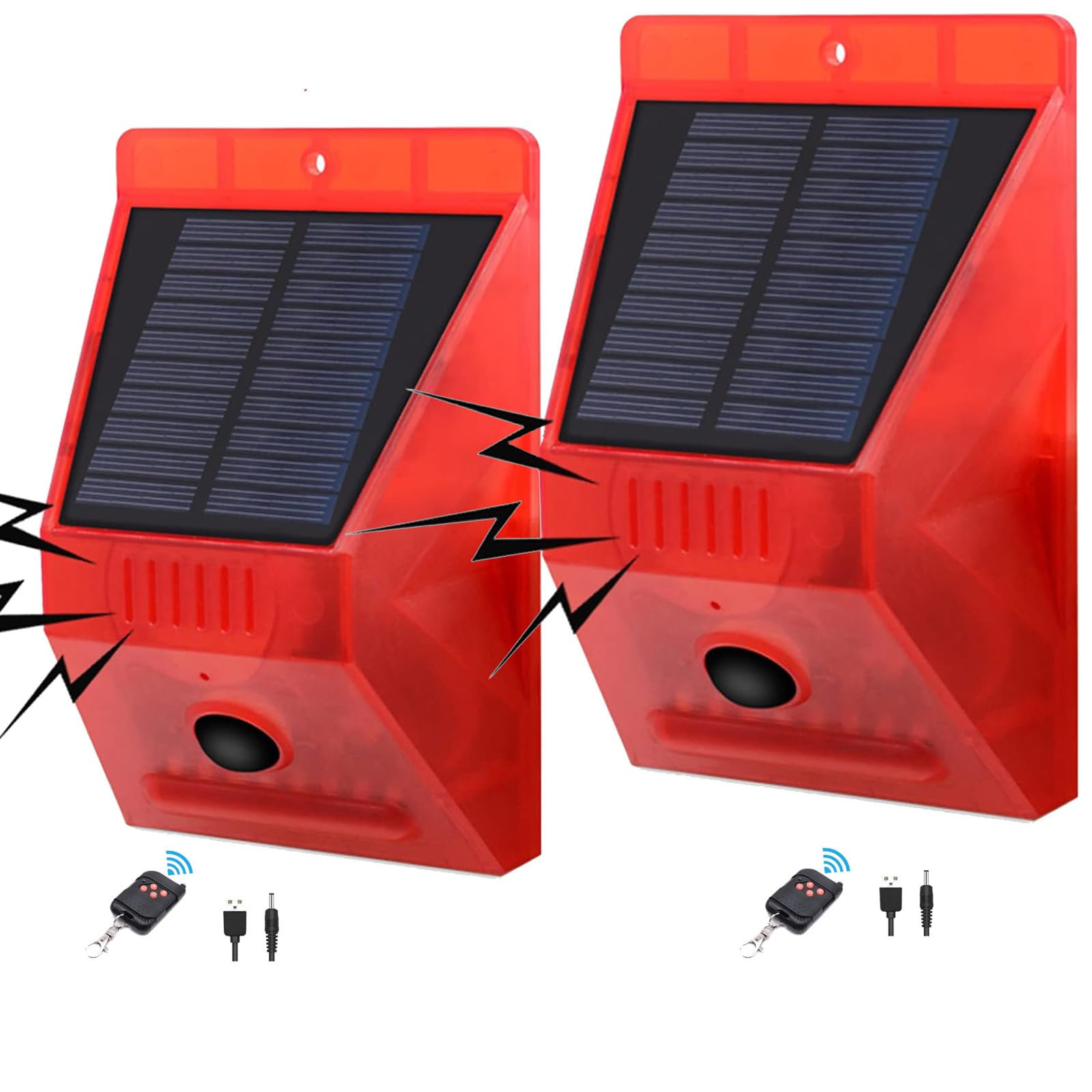 2 Stück Solar Bewegungsmelder Alarm 129 dB Laute Sirene und Blitzstroboskop | Wetterfest Einbruchschutz für Außen mit 4 Modi, leicht steuerbar mit Fernbedienung für Garten & Bauernhöfe
