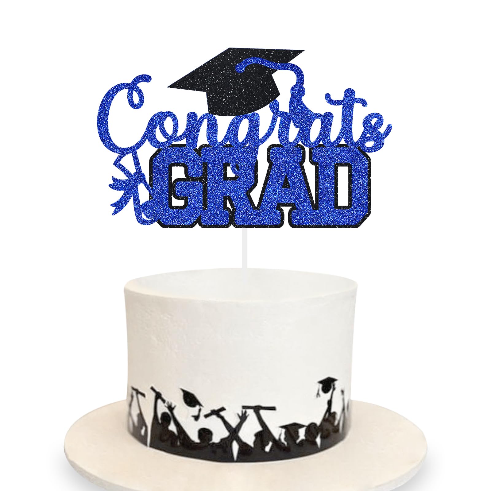 Congrats Grad Cake Topper Graduation Party Table Ideas Glitter Junior High School College University Decorations Blue