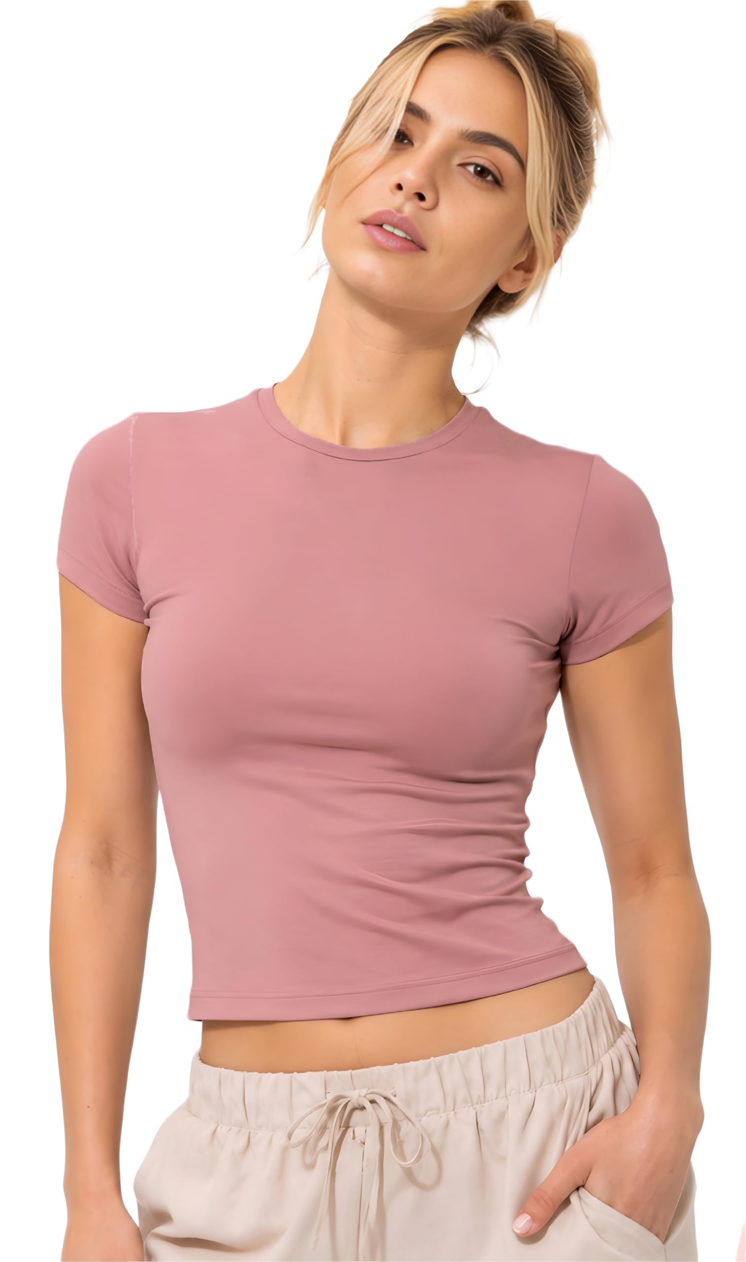 SIGHTBOMB Round Neck Short Sleeve Ultra Soft Front Support Cuddle TEE Microfiber Soft TOP for Women