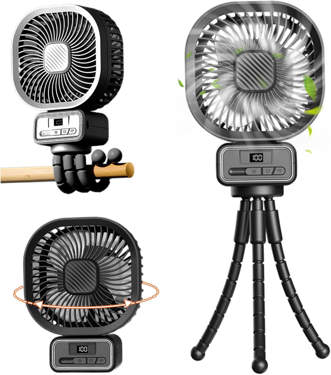 Baby Stroller 270° Oscillating 6'' Clip on 3 Speeds Baby with Tripod 5000mAh USB Rechargeable Handheld for Car Seat Crib Bike Black Personal Fans