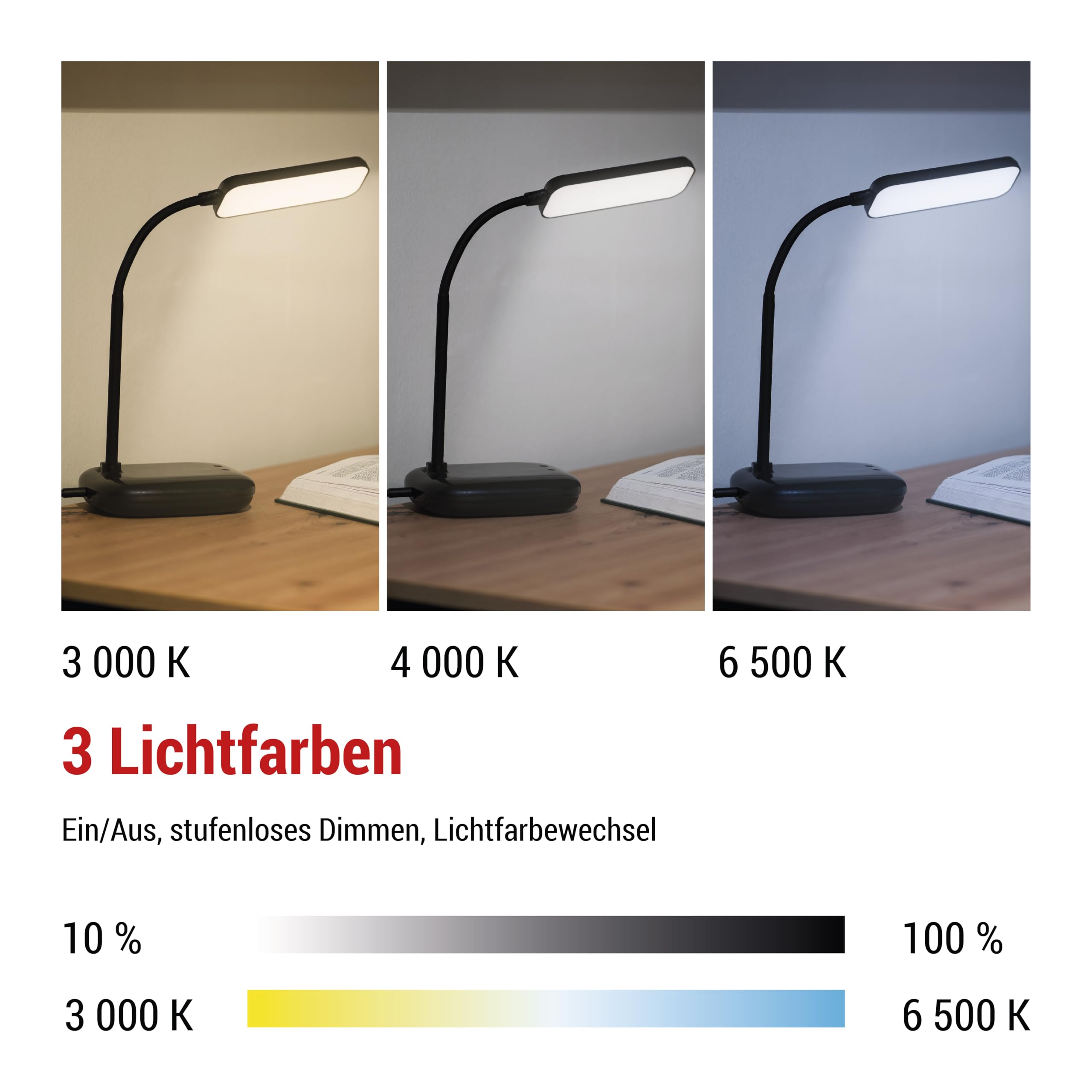EMOS LED Tischlampe Molly 12W, Helligkeit 650lm, dimmbar, einstellbare Lichtfarbe (3000-6500 K), Flexibler Lampenarm, 1,5m Ladekabel mit 10V Netzadapter, schwarz