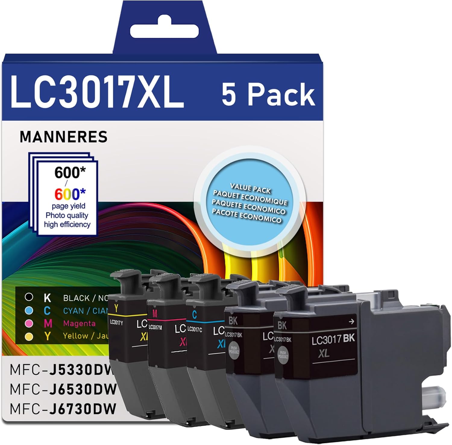 LC3017XL BK/C/M/Y High Yield Ink Cartridges (5-Pack, 2 Black, 1 Cyan, 1 Magenta, 1 Yellow) Replacement for Brother LC3017 XL Ink Cartridge MFC-J5330DW MFC-J6530DW MFC-J6730DW MFC-J6930DW Printer