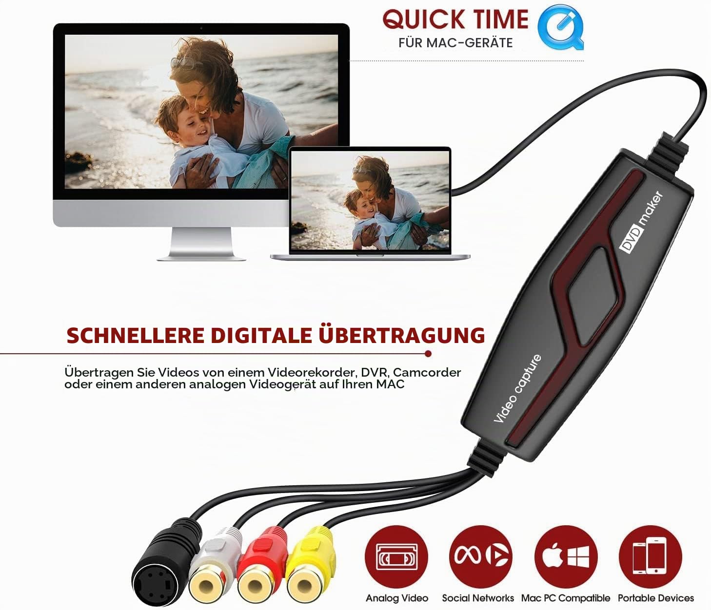 DIGITNOW! Video Grabber Überträgt Hi8 VHS auf Digital DVD für Windows 10 / Mac, Video Capture Karte mit Scart / AV Adapter,One-Touch-Videorecorder-Bearbeiten, Speichern und auf DVD Brennen