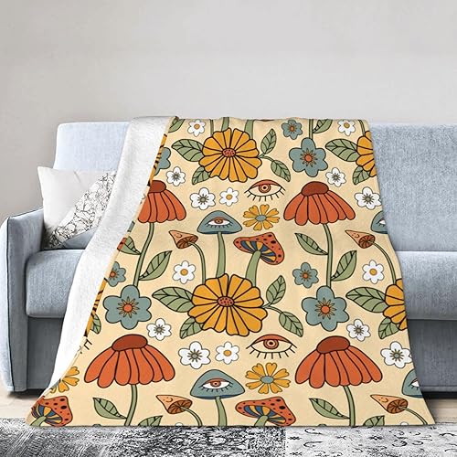 Miniatura 8 de Manta de hongos florales retro de los años 70, suave y ligera, acogedora manta de franela para sofá, viajes, habitación del hogar, dormitorio,