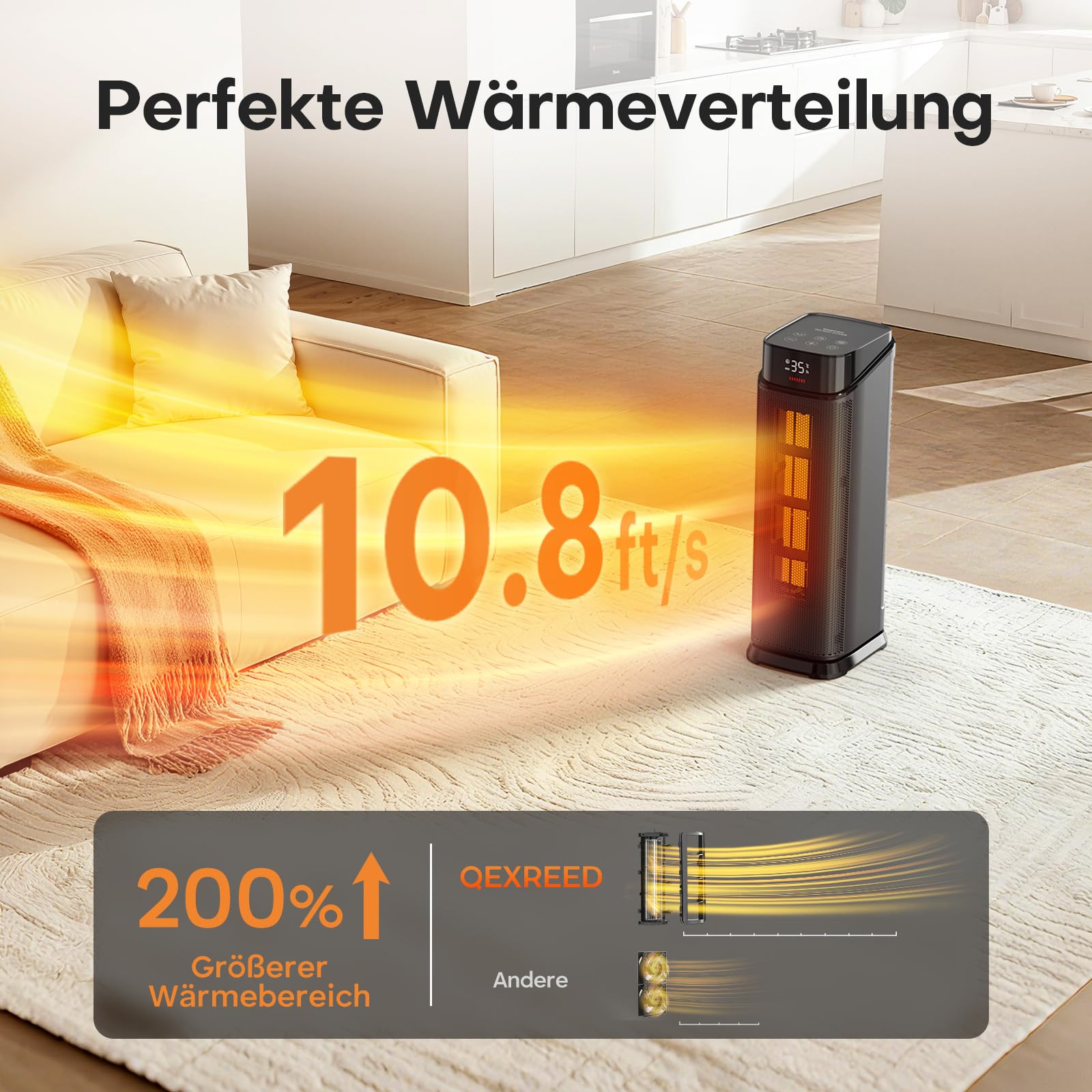PTC Heizlüfter für Zuhause, Überhitzungs Kippschutz, Schwarz, 2000W | Thermostat und 90° Oszillation, Fernbedienung und 24-Stunden-Timer, ECO-Modus, leise 37 dB, Aufheizen in 2 Sekunden