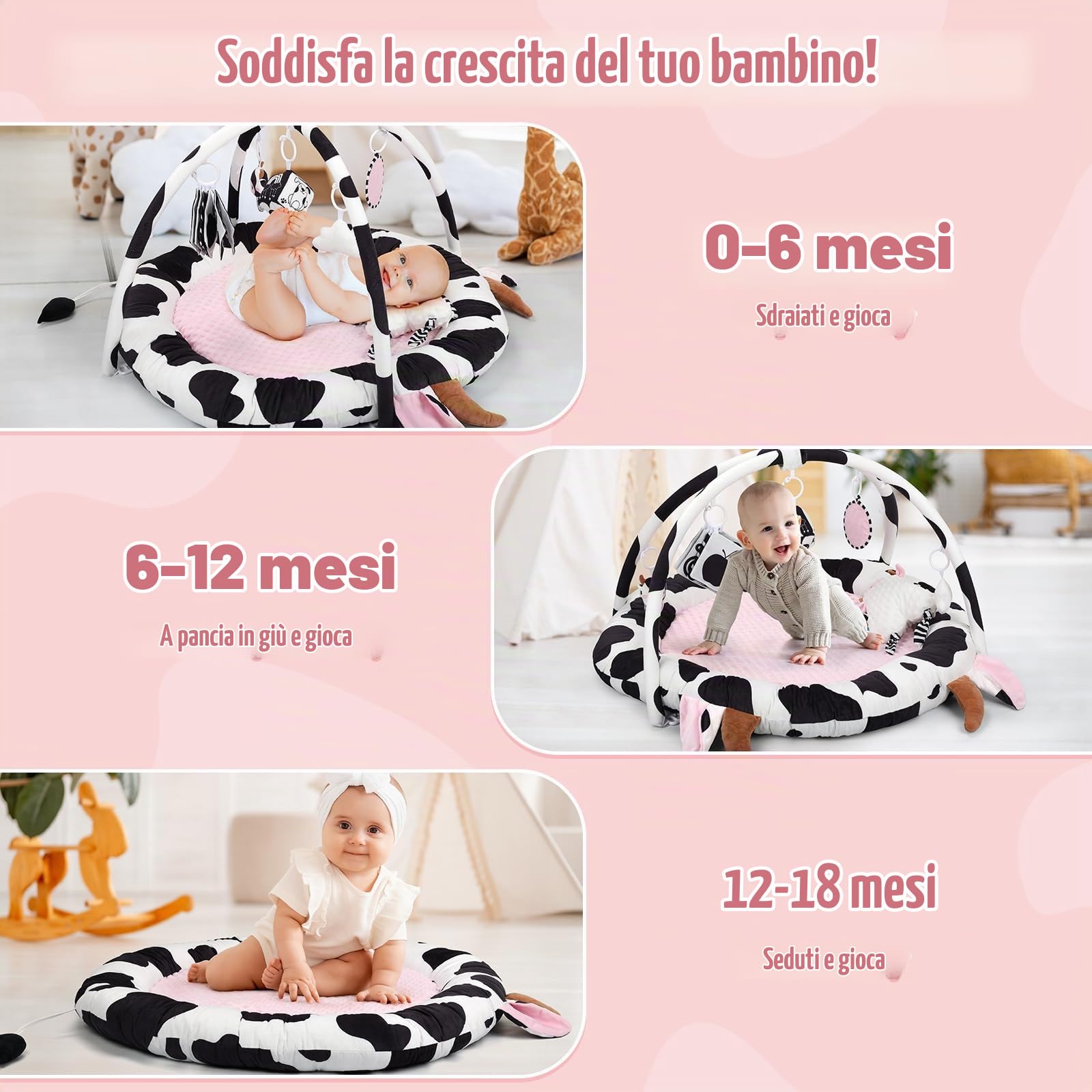 Palestrina Neonate,Vacca Tappeto Gioco Neonate, 3in1 Antiscivolo Addensato | Tappetino per Attività Sensoriali,Arco Di Gioco,6 Giocattoli Rimovibili,Regalo Neonate,0-3-6-9-12 Mesi