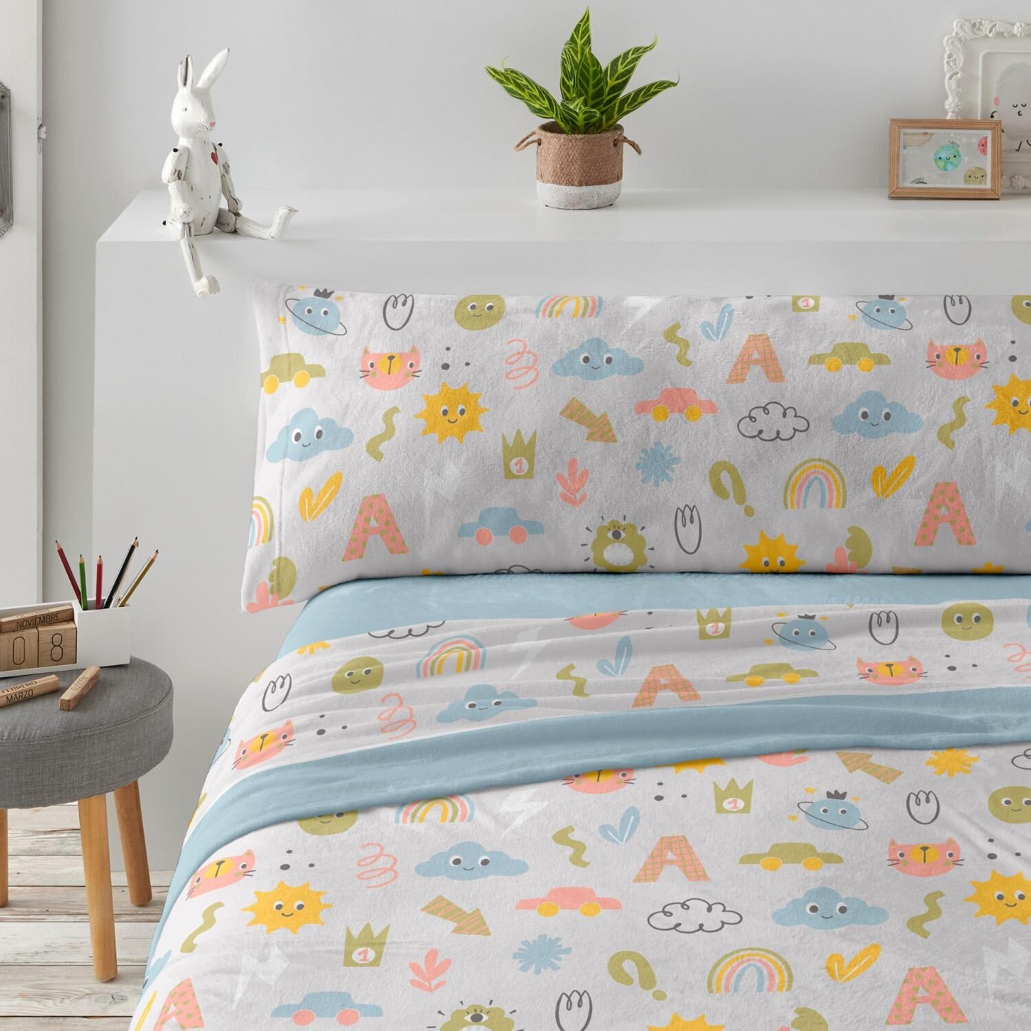Burrito Blanco | Sábanas de Coralina, 978 Azul | Cama de 90 cm | (+ Medidas Disponibles) | Sábanas de Invierno Infantil | Diseño 978 | Color Azul