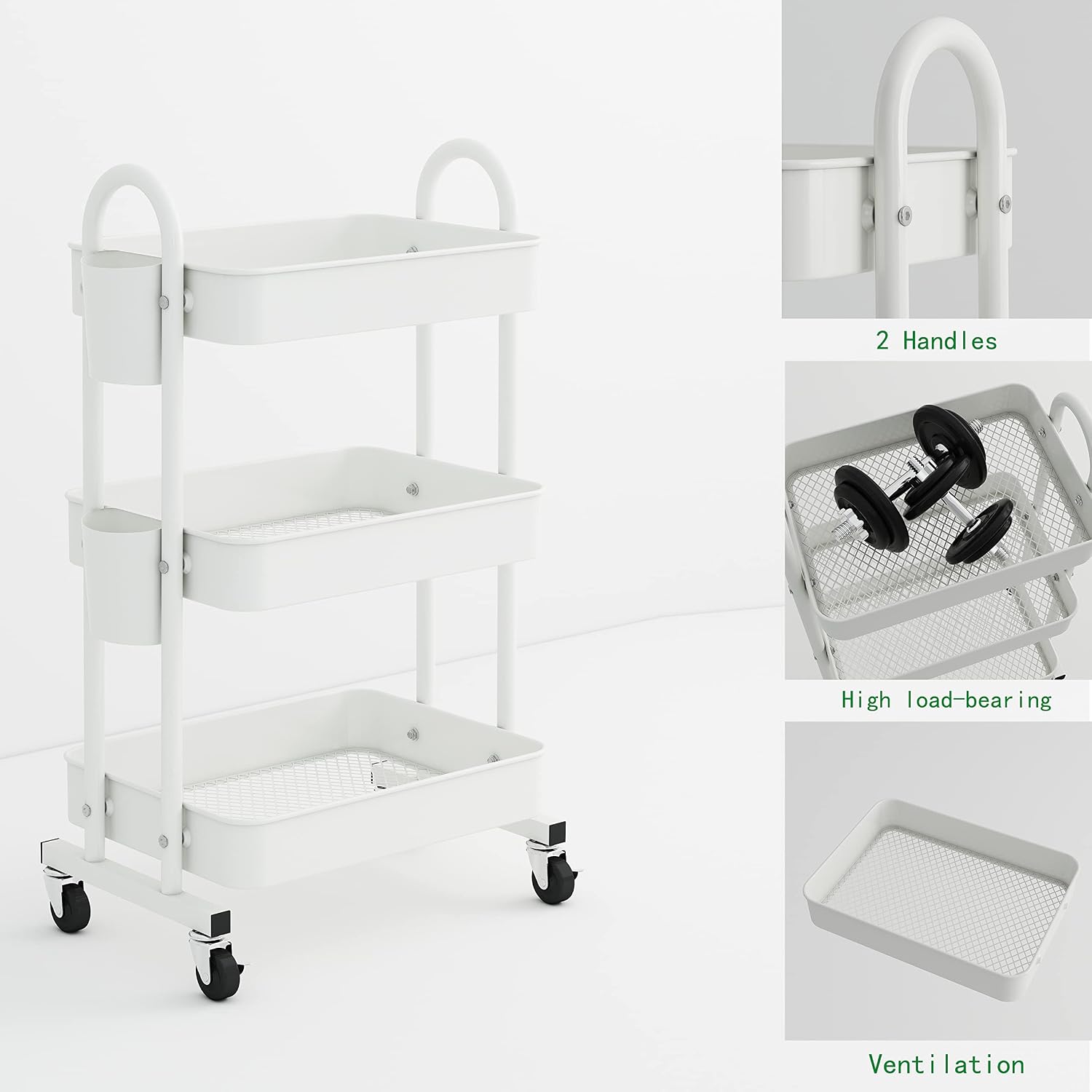 LEGUANG 3-Tier Rolling Utility Cart Storage Shelves Multifunction Storage Trolley Service Cart with Mesh Basket Handles and Wheels Easy Assembly for Bathroom, Kitchen, Office (White)